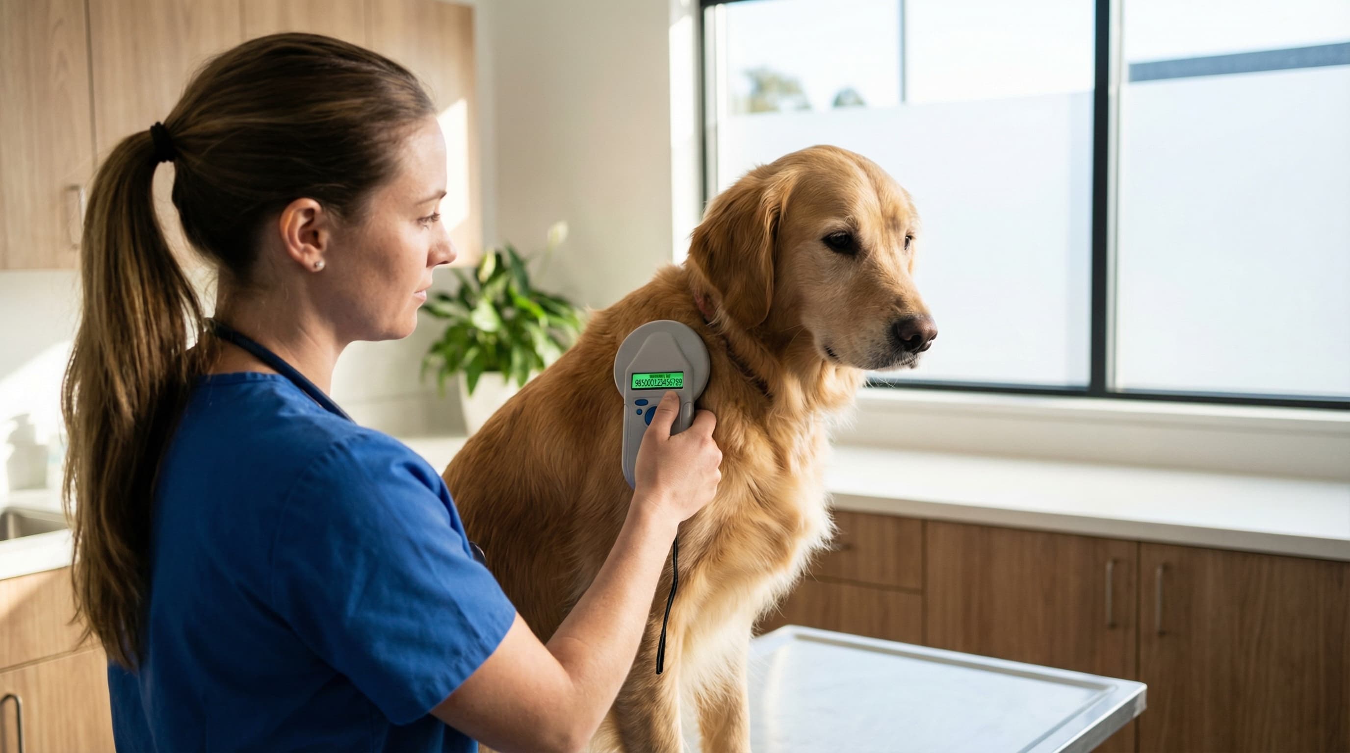 Veterinarian scanning ISO microchip to verify pet identification before UK travel