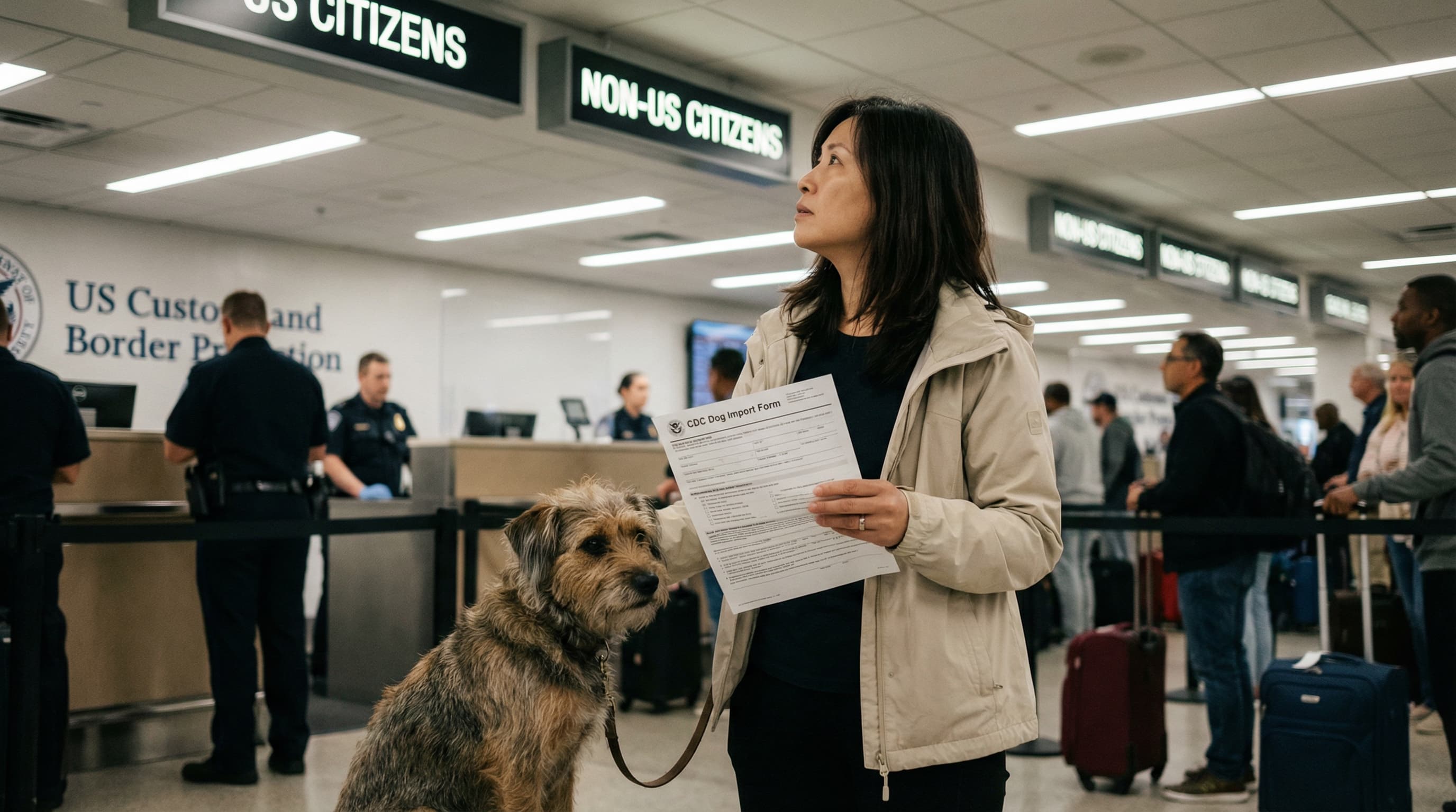 Dog and owner reuniting at US customs arrival hall after returning from the UK, CDC import form visible in hand