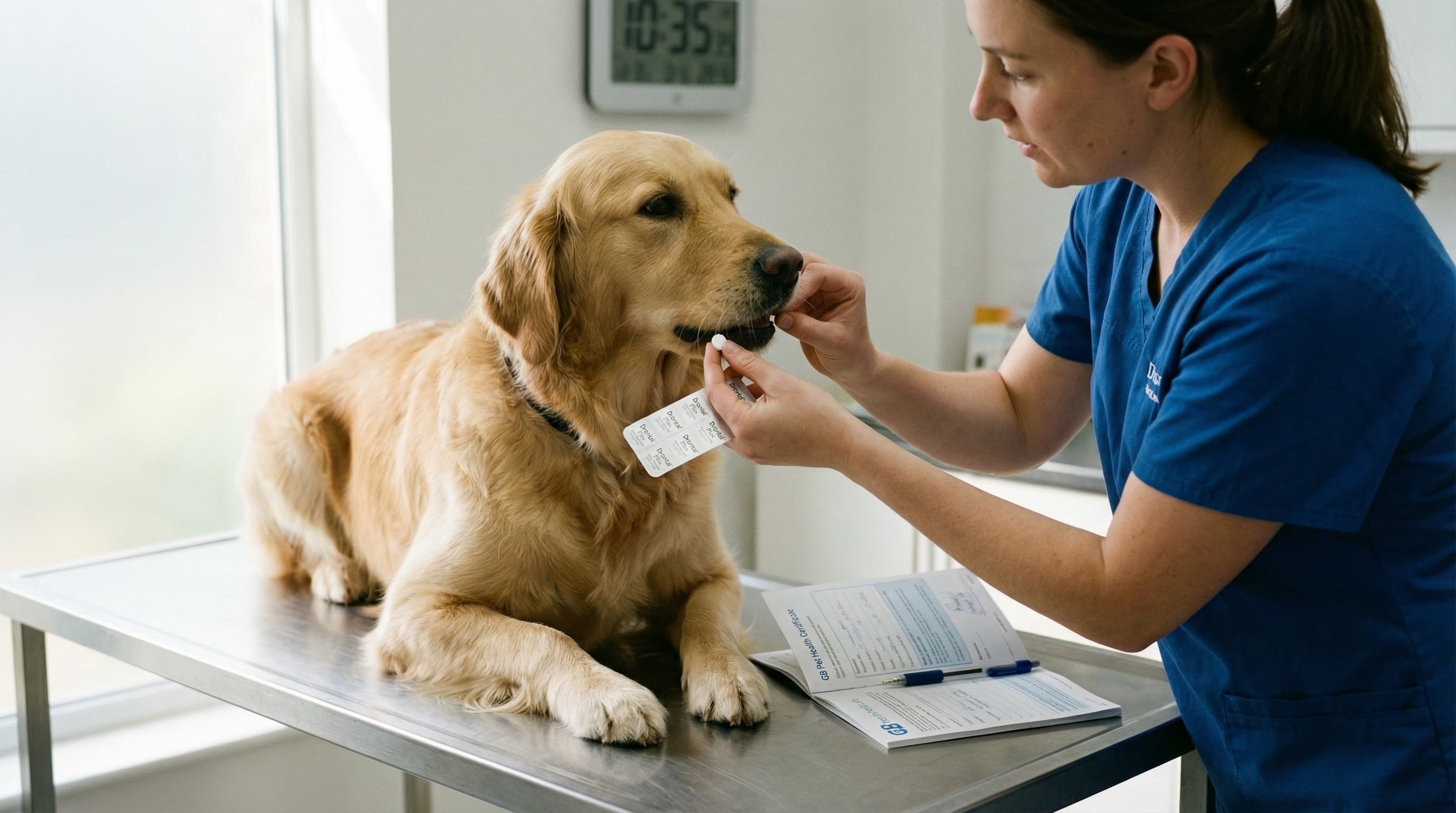 Veterinarian administering praziquantel tapeworm treatment to dog before UK travel