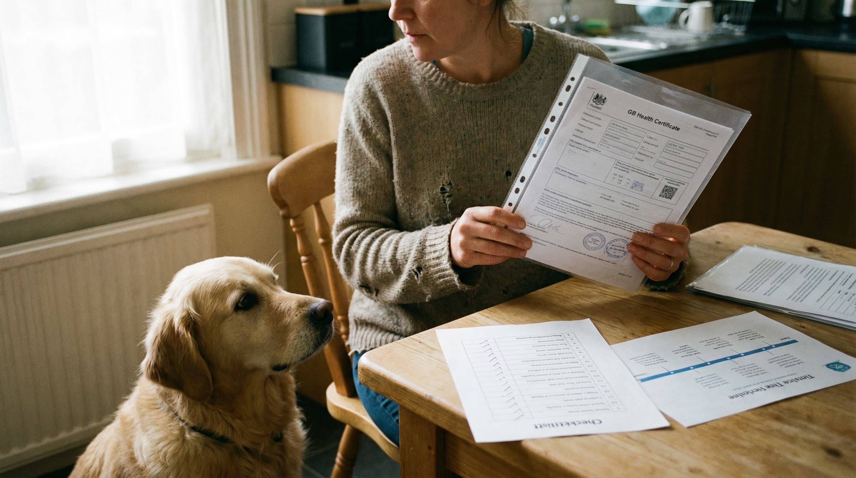 Pet owner reviewing endorsed UK health certificate documents at kitchen table, organized in waterproof folder, golden retriever sitting nearby
