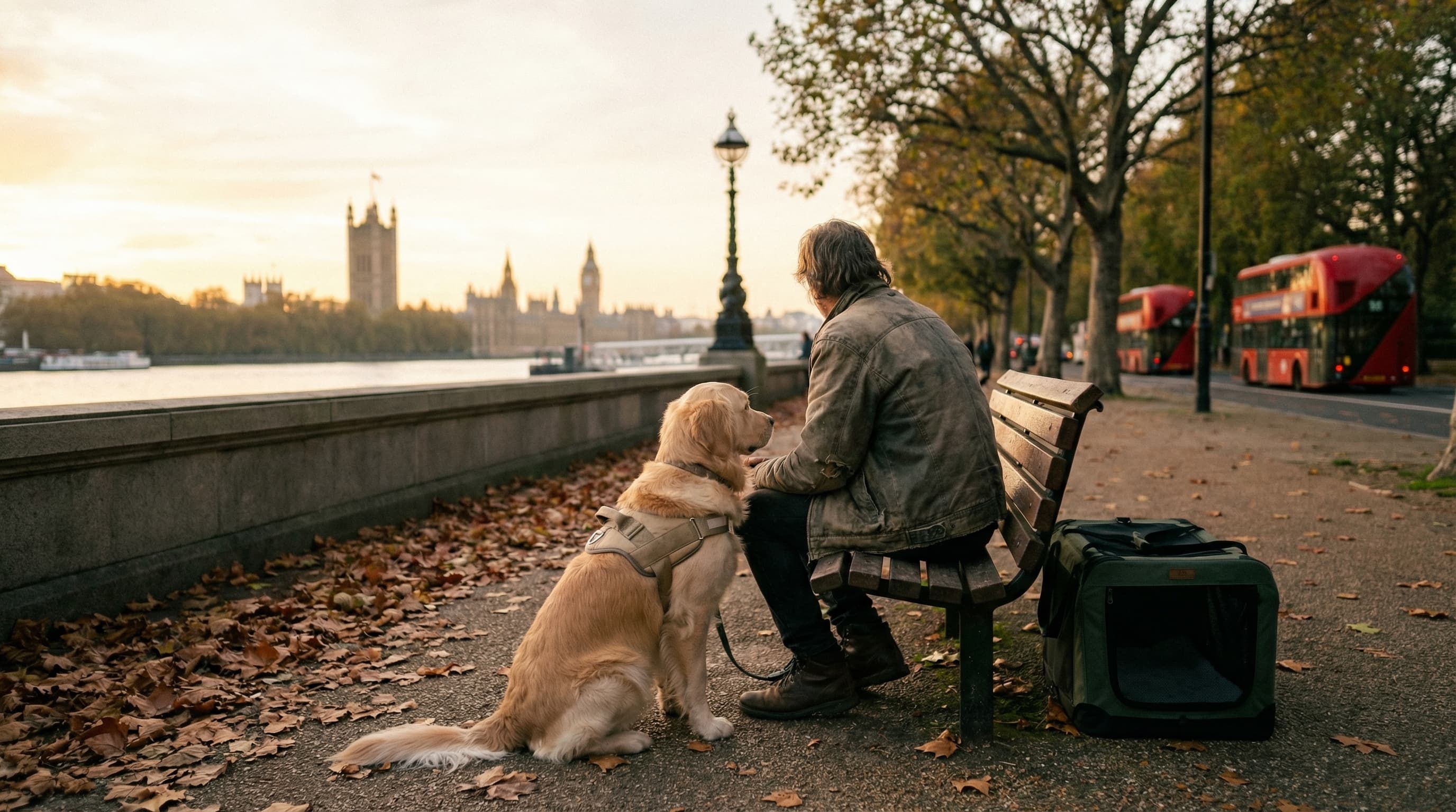 Dog with owner in London park after successful arrival in the UK