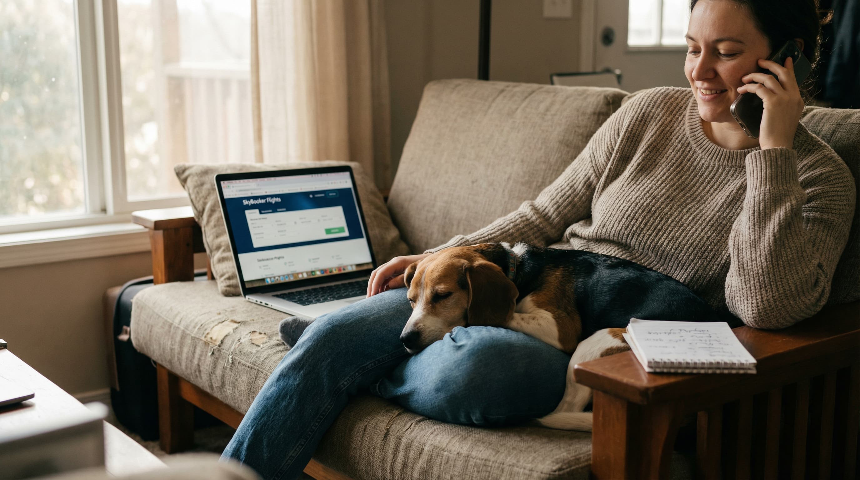 Pet owner calling airline to book international pet travel, beagle mix resting on their knee