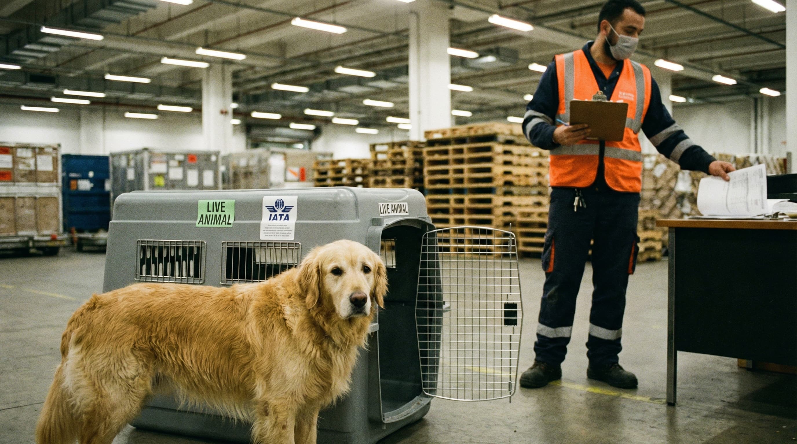 Golden retriever standing next to a hard-sided IATA cargo crate at an airport cargo facility