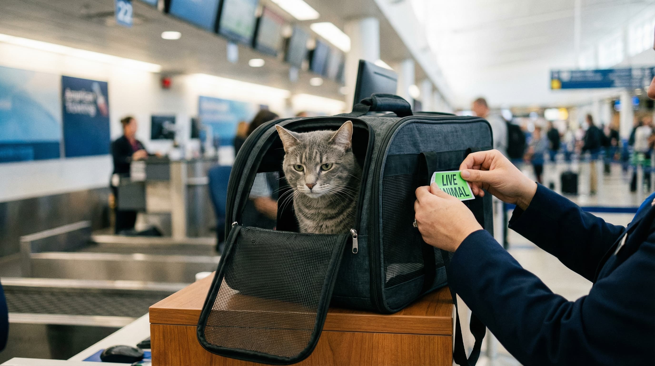 Gray cat in soft carrier at airline check-in counter as agent attaches a live animal tag