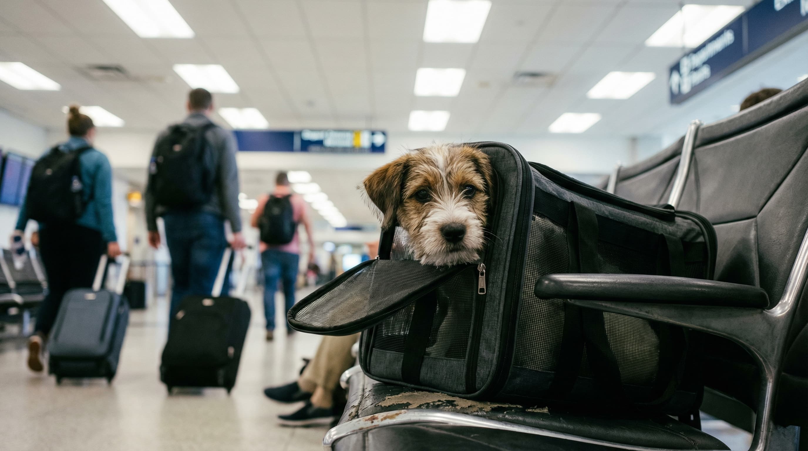 Small terrier mix peeks from a soft carrier at a busy airport departure gate