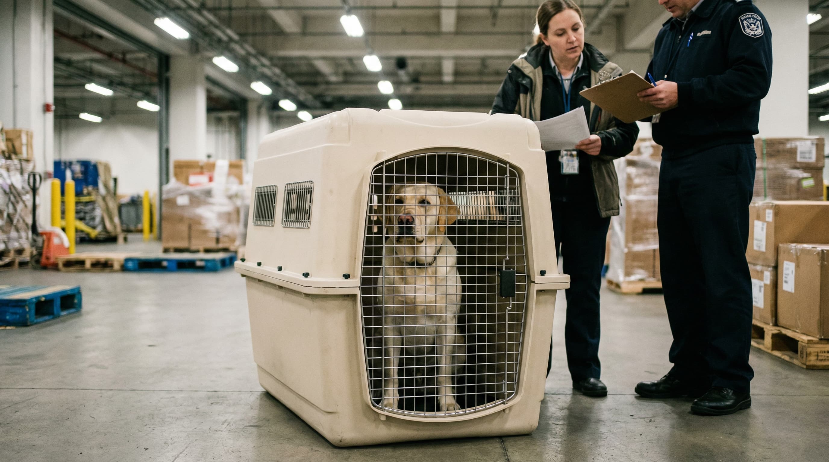 Pet owner at airline cargo drop-off with a Labrador in a travel kennel, cargo agent inspecting the crate