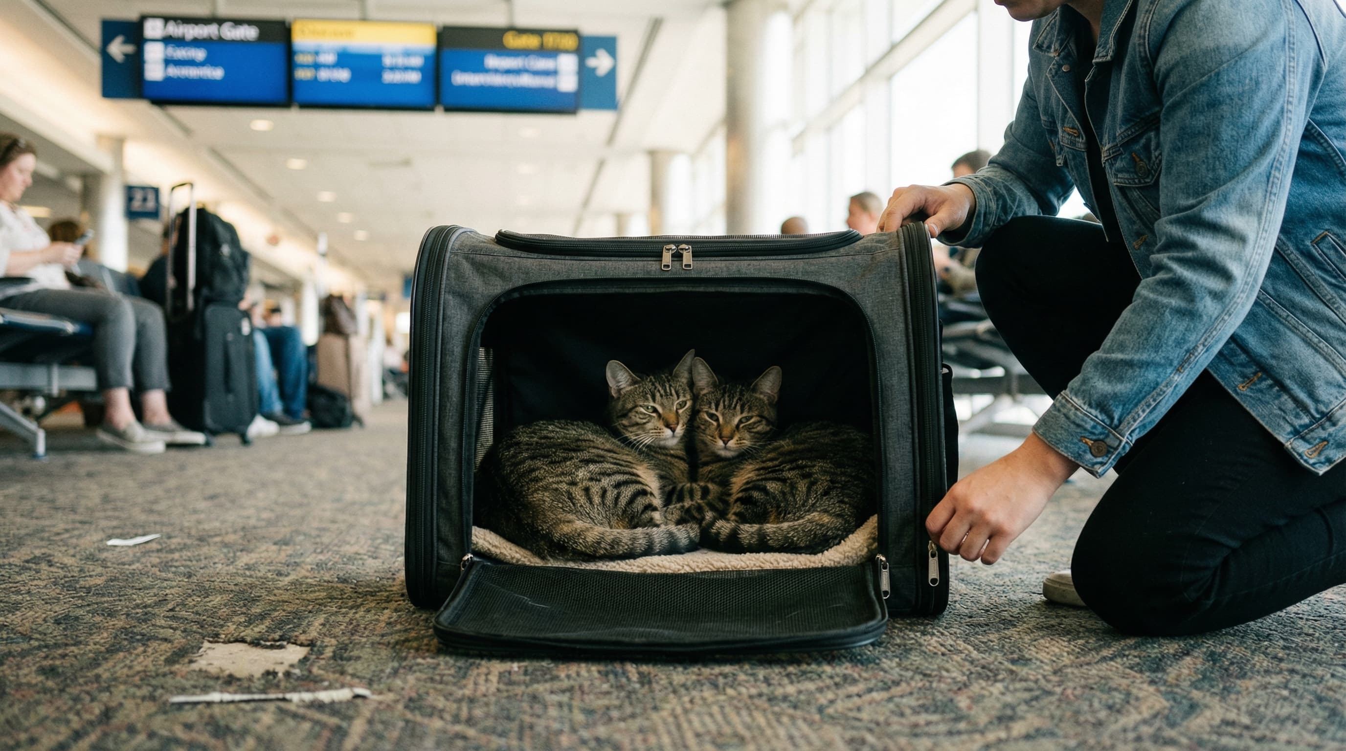 Two tabby cats sharing a soft carrier at an airport gate, owner adjusting the zipper