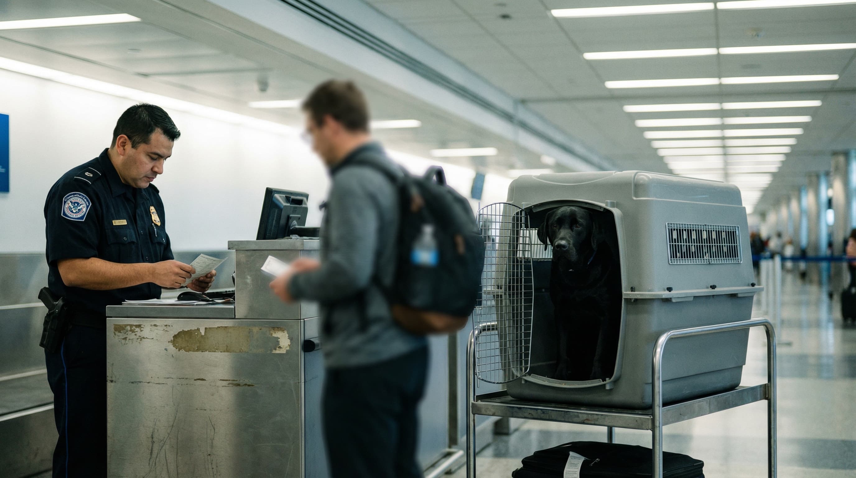 CBP officer reviewing travel documents at arrivals counter with large Labrador in hard-sided kennel on luggage cart