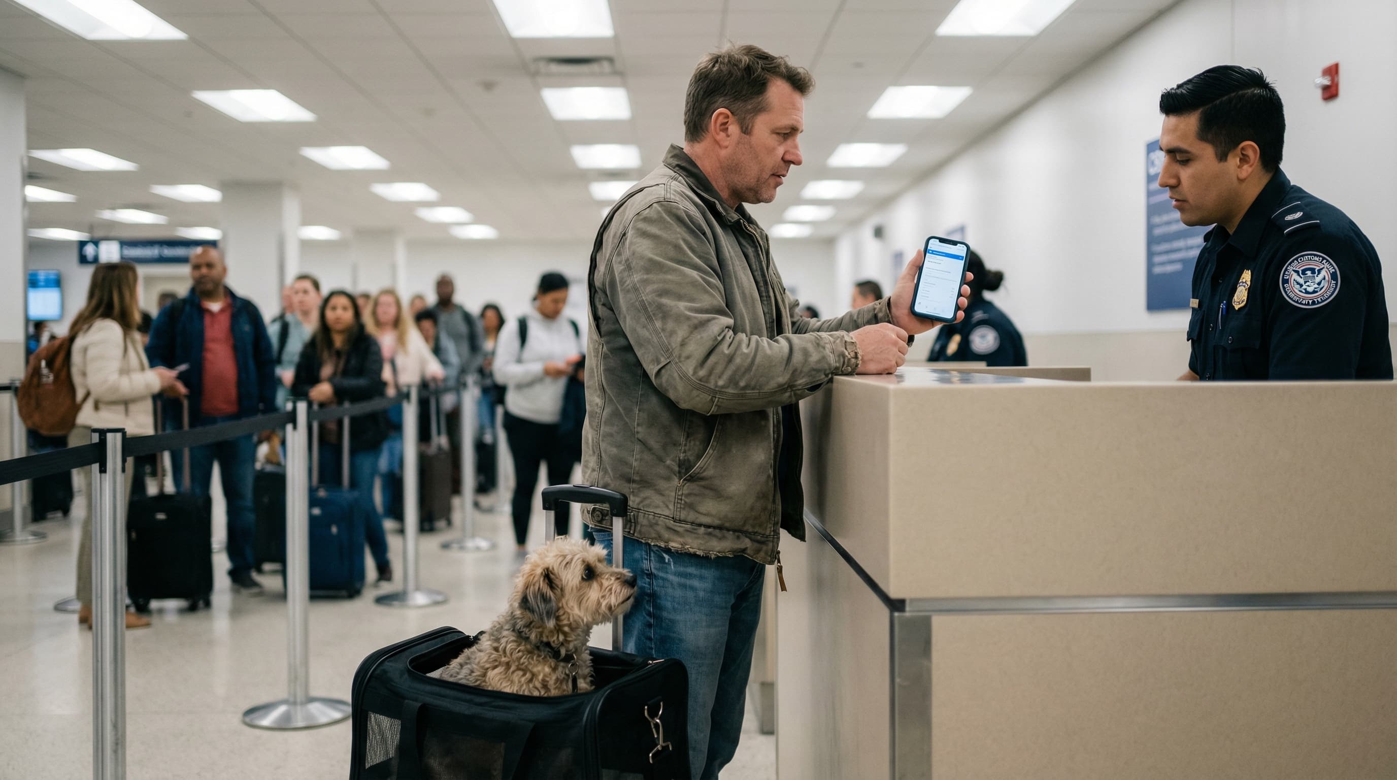 Traveler showing CDC Dog Import Form receipt on phone to CBP officer at US customs, small terrier in carrier at his feet
