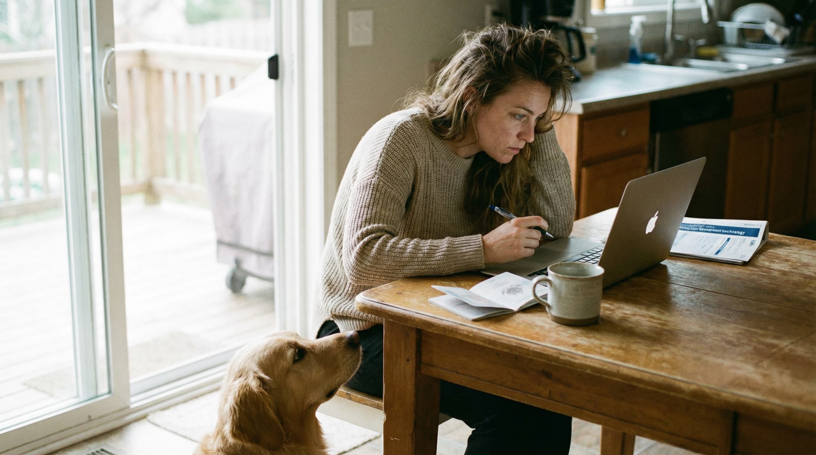 Woman at kitchen table completing CDC Dog Import Form on laptop with golden retriever sitting nearby