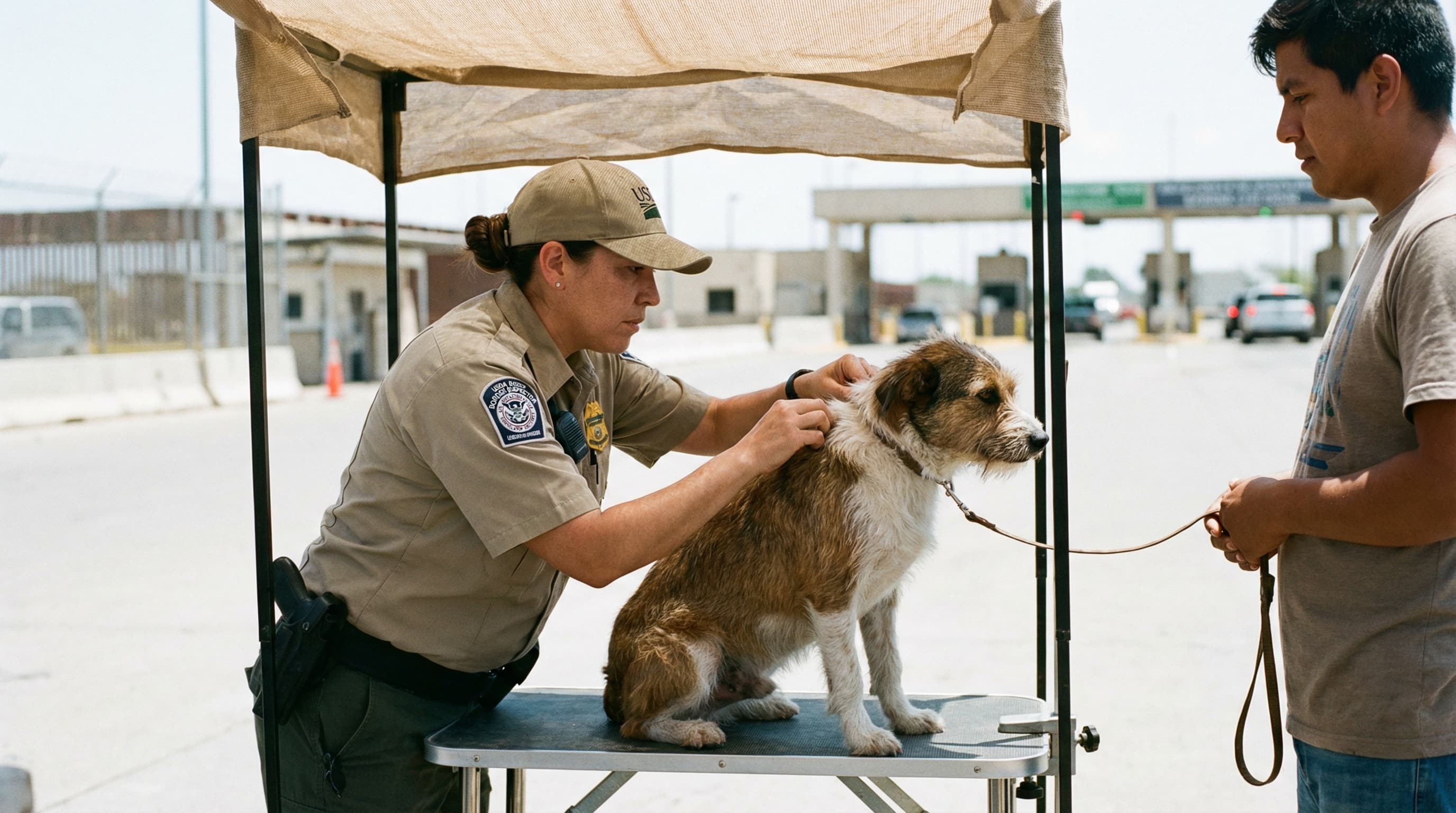 USDA APHIS screwworm inspection station at the US-Mexico border port of entry, uniformed officer examining a mixed-breed dog on an inspection table