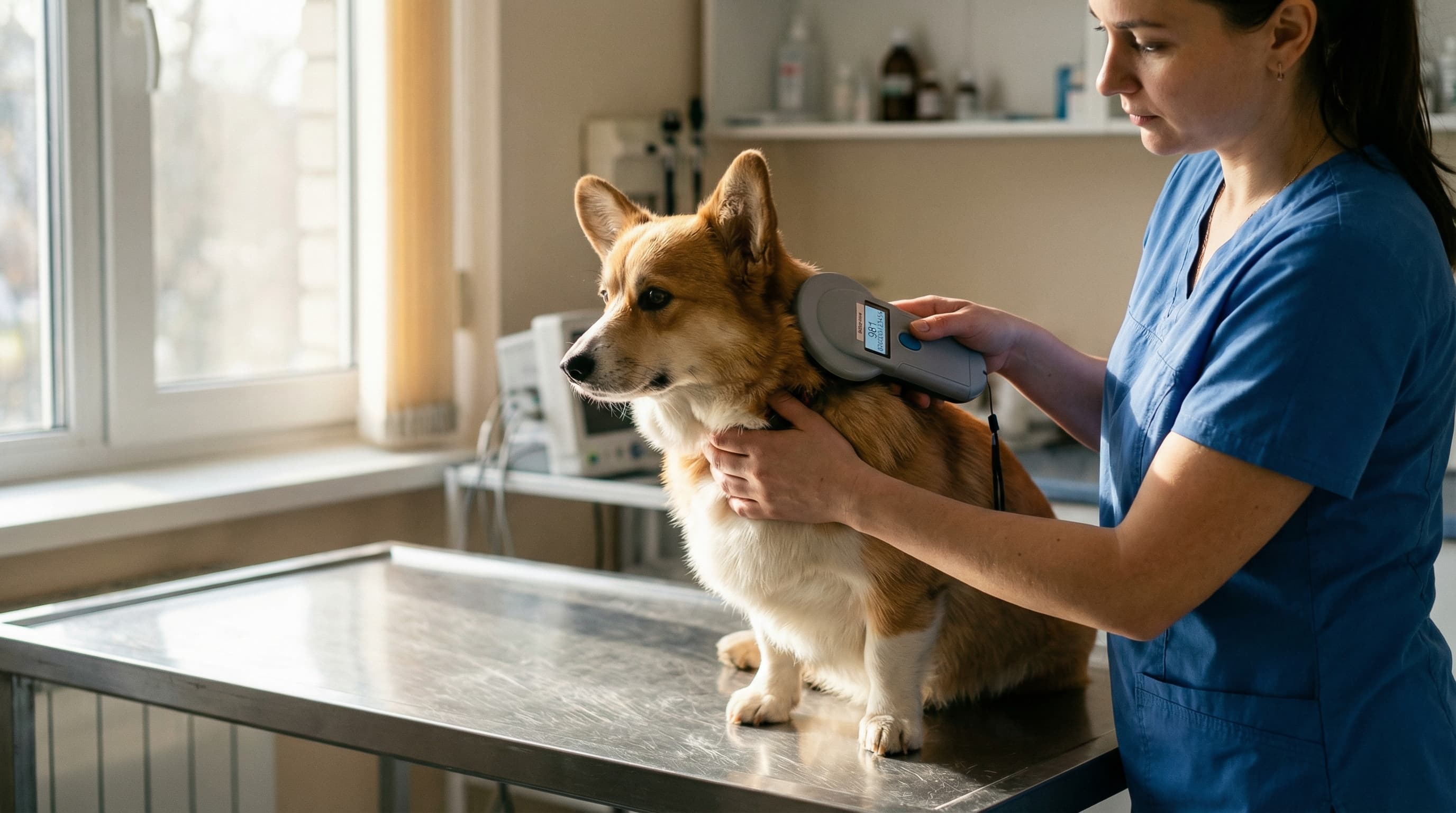 Veterinarian scanning a corgi's microchip with a handheld universal scanner at a clinic exam table