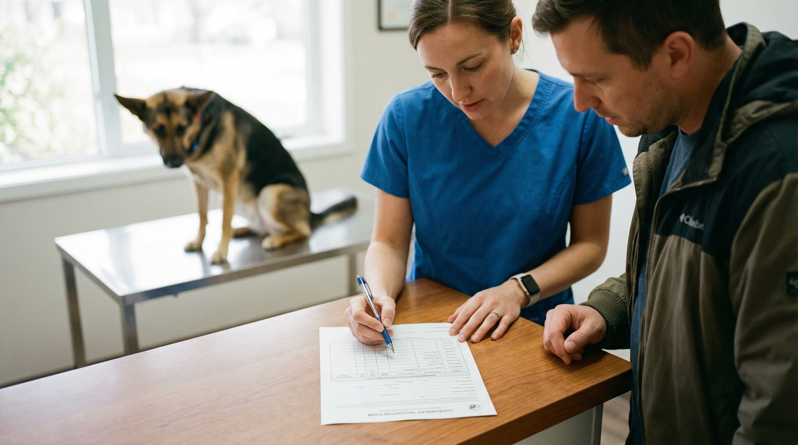 Dog owner and vet reviewing a Certification of US-issued Rabies Vaccination form at a veterinary clinic desk, shepherd mix on the exam table