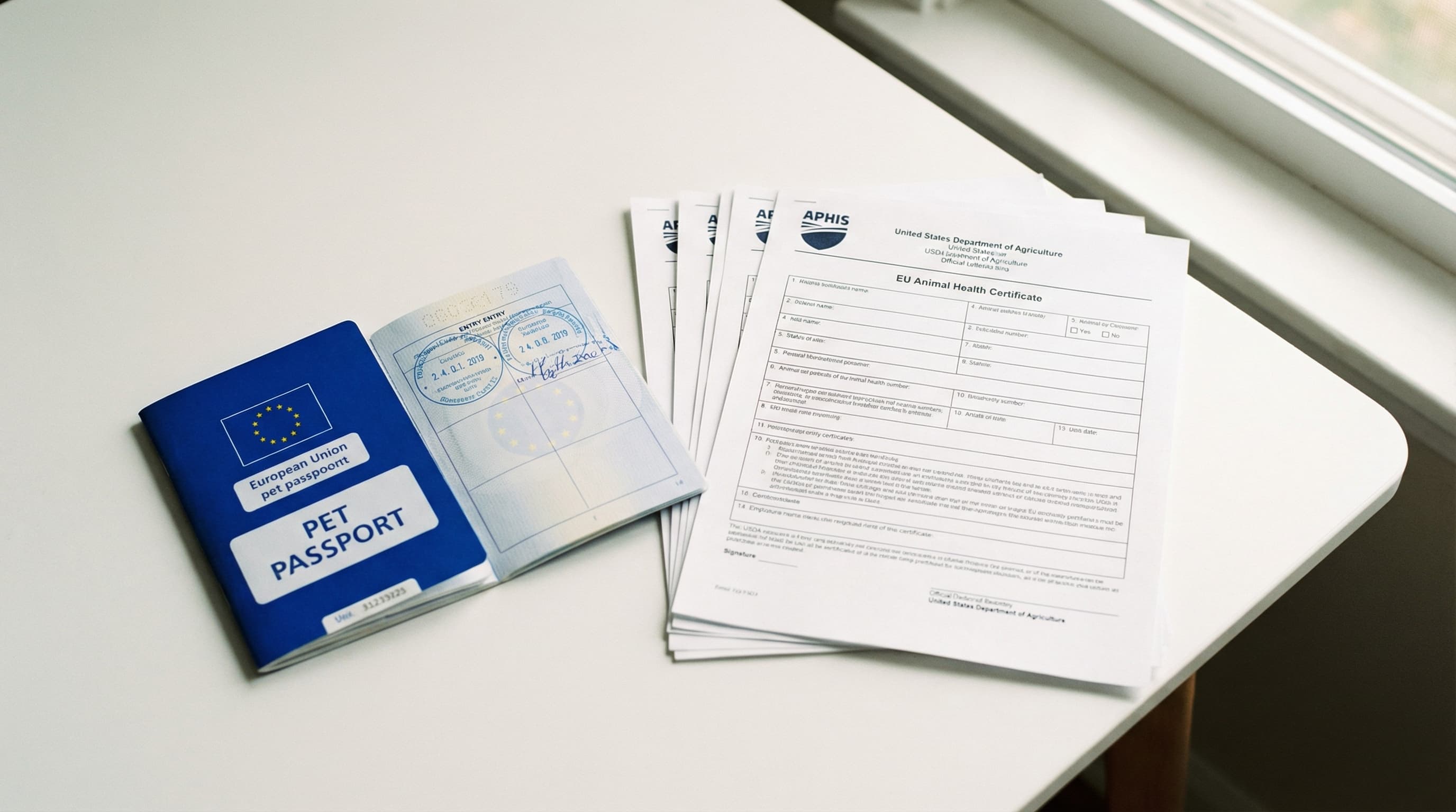EU pet passport booklet open beside a USDA-endorsed EU Animal Health Certificate — the two documents US travelers often confuse