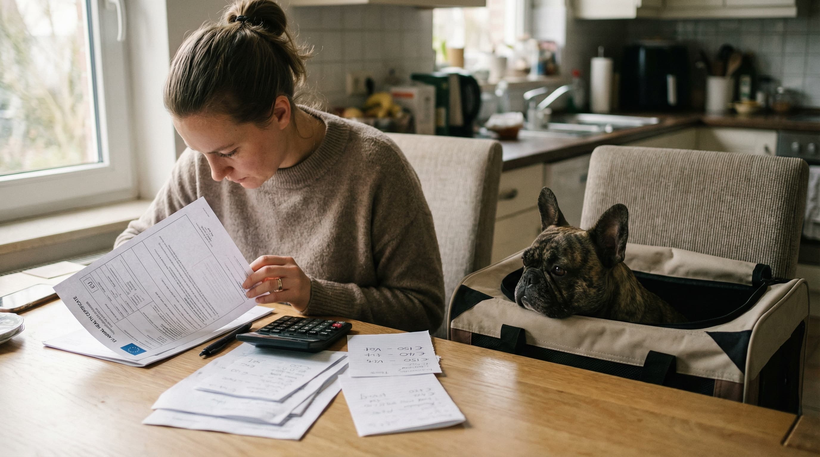 Pet owner reviewing EU health certificate paperwork and cost notes at a kitchen table, French Bulldog in a soft-sided carrier on the chair beside her, natural daylight