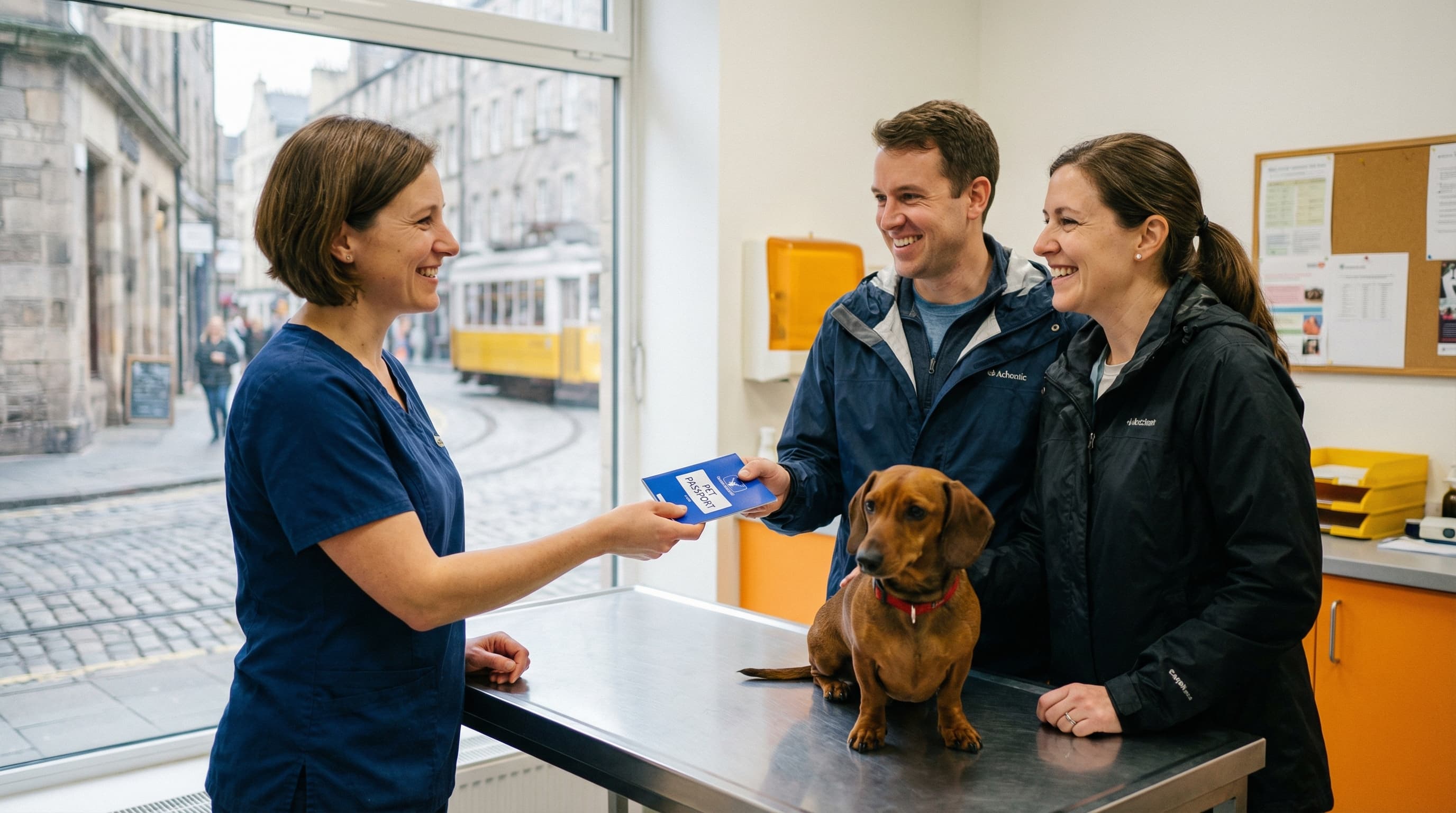 European veterinarian handing an EU pet passport booklet to a tourist couple, dachshund on the exam table between them