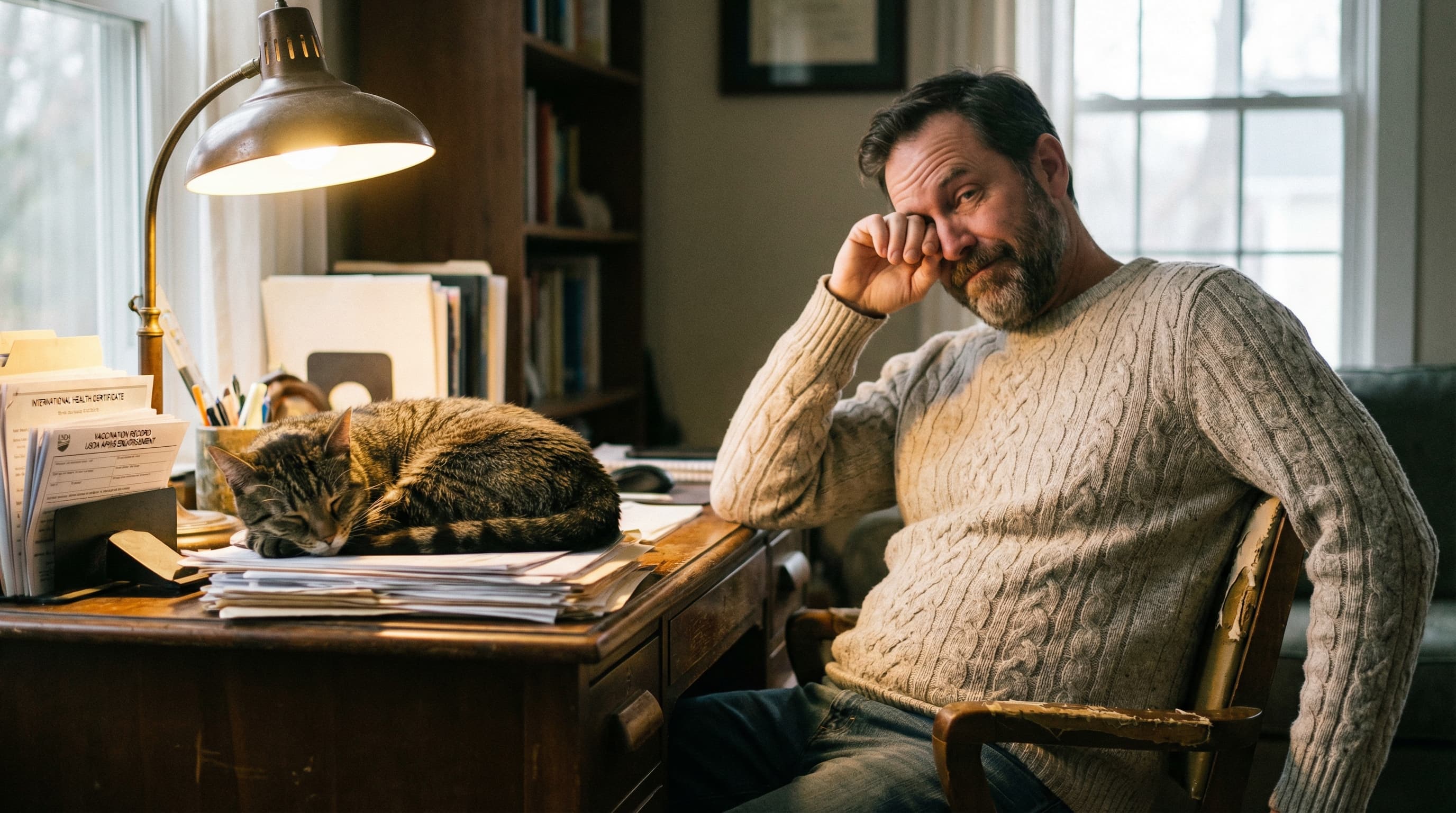 Pet owner looking overwhelmed at a desk covered in EU travel documents, tabby cat sitting on top of the paperwork