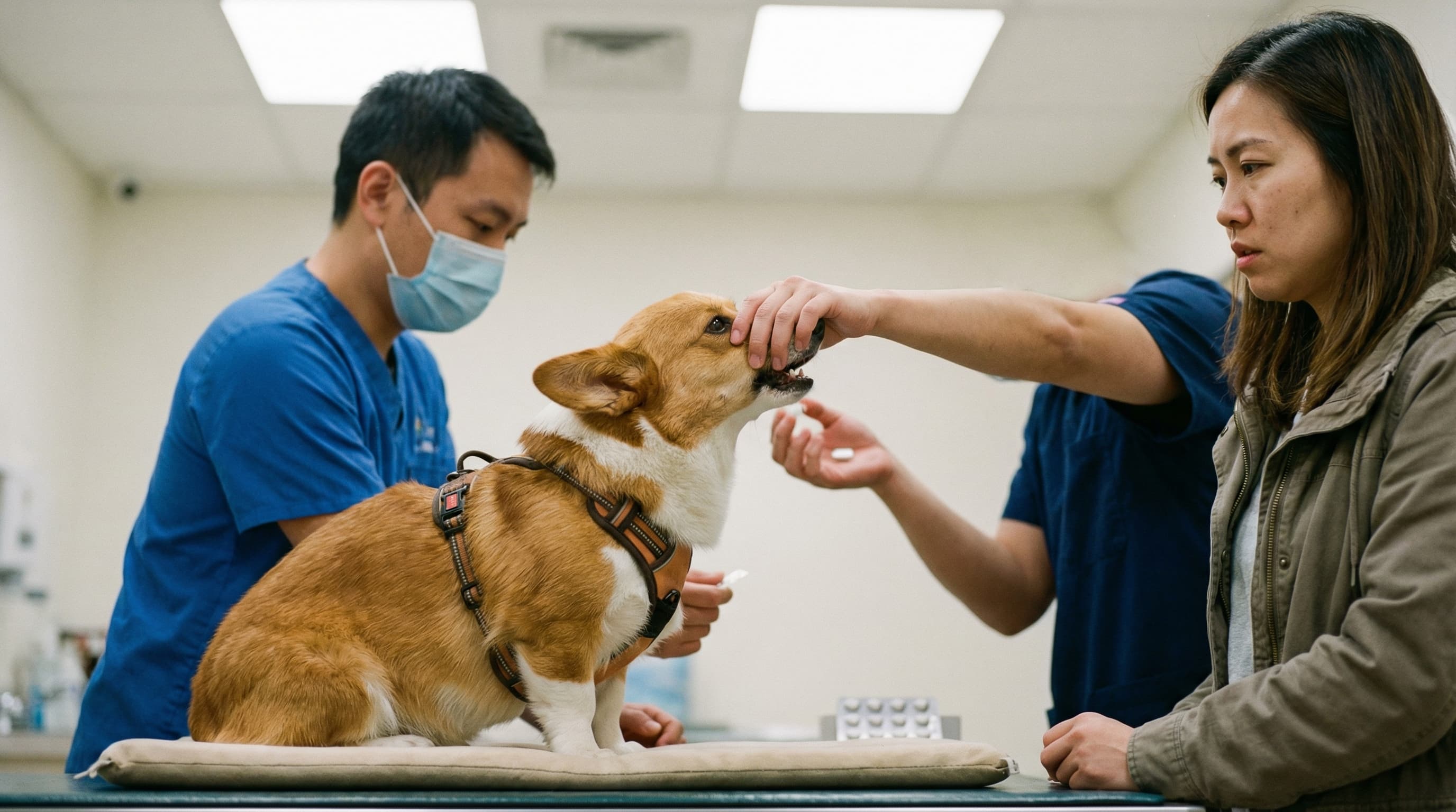 Veterinarian administering an oral tapeworm tablet to a corgi on a padded exam table, pet owner watching from beside the table