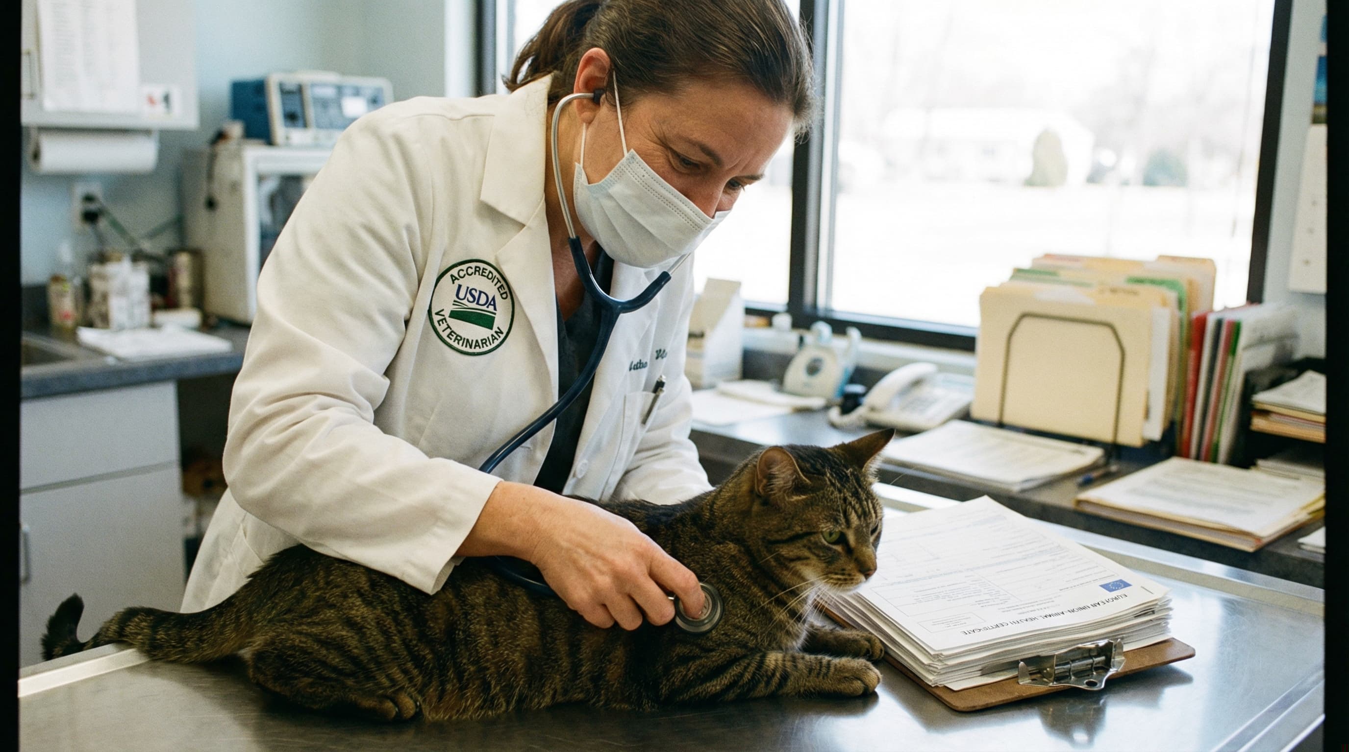 USDA-accredited vet examining a tabby cat with a stethoscope, EU health certificate form on a clipboard on the counter