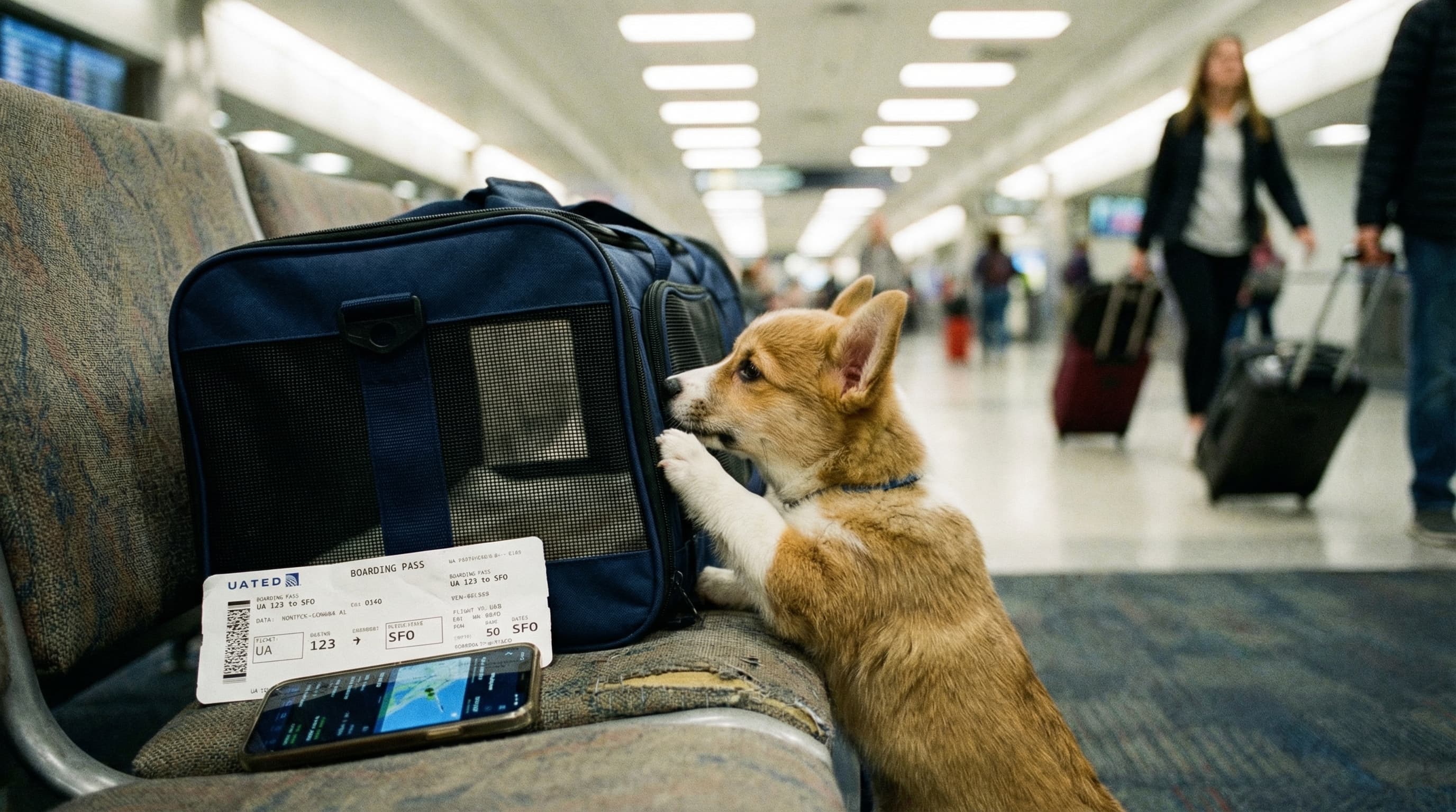 Corgi puppy peeks out from a soft-sided carrier on an airport terminal bench