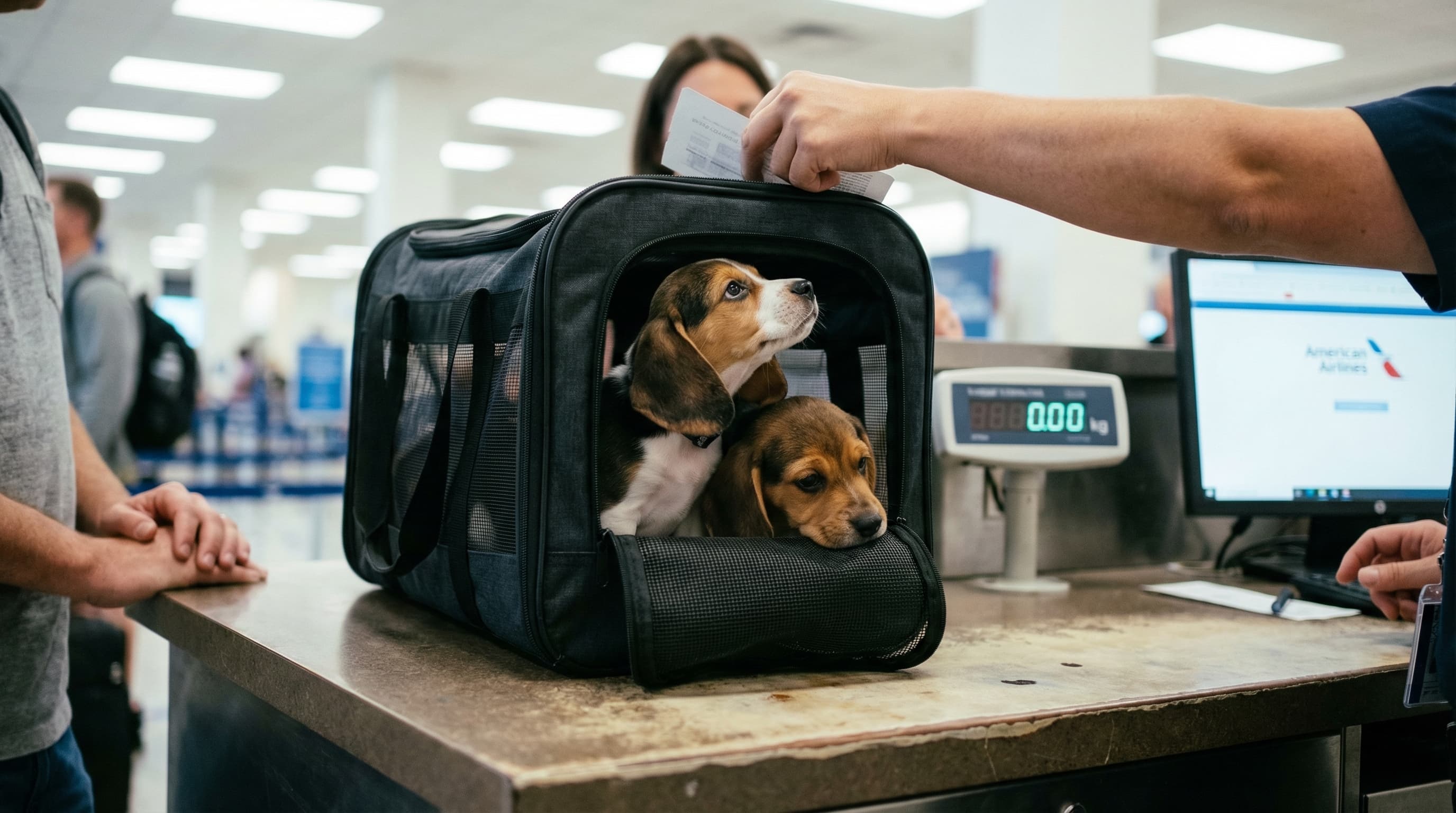 Two small puppies together inside a soft-sided carrier at airline check-in counter