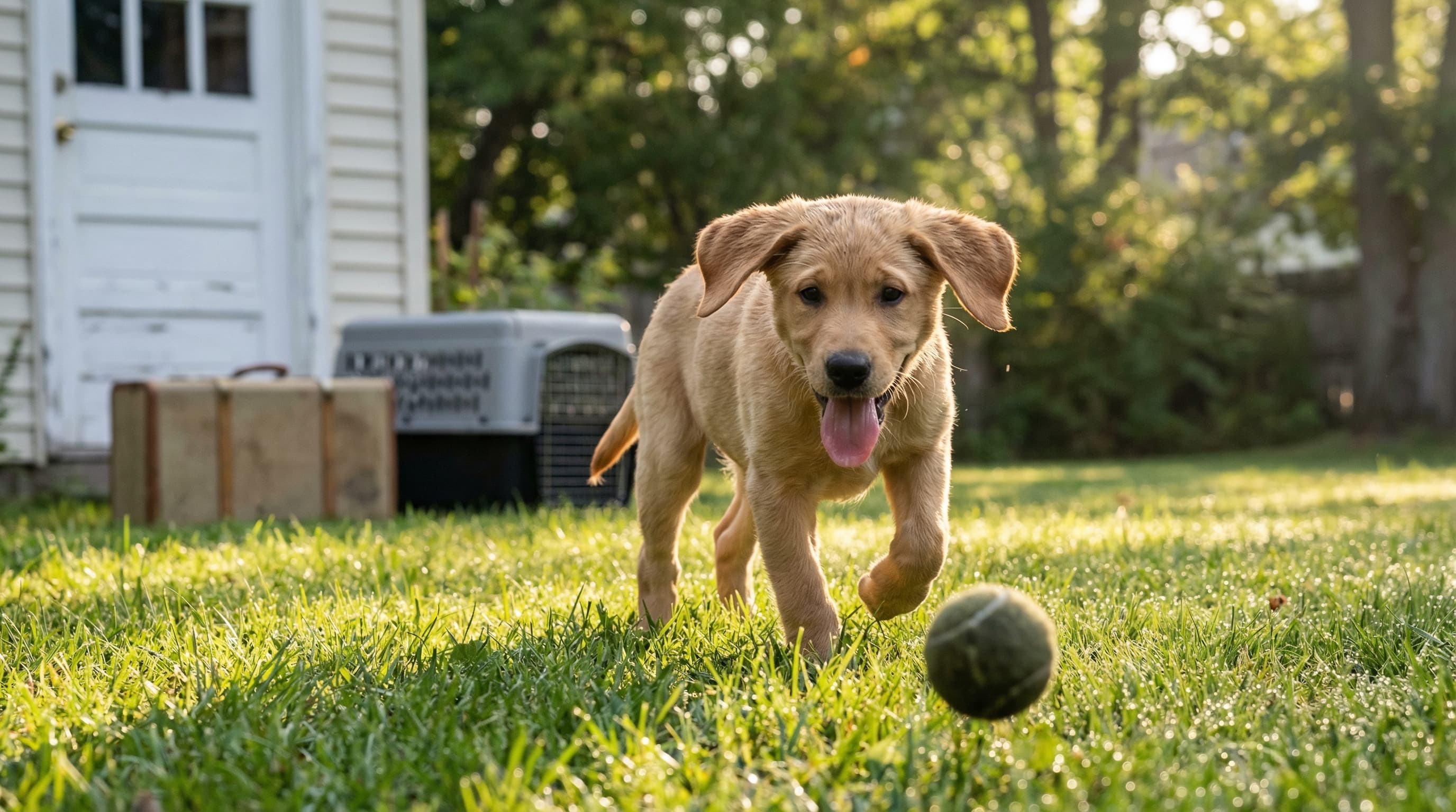 Labrador puppy running through grass in the backyard with packed suitcase and carrier by the door