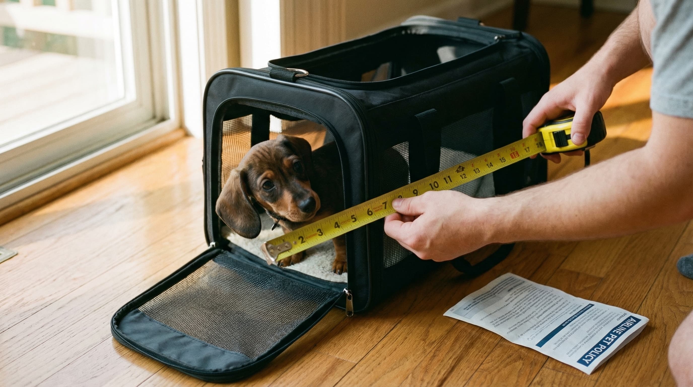 Person measuring a soft-sided pet carrier with tape measure next to a puppy