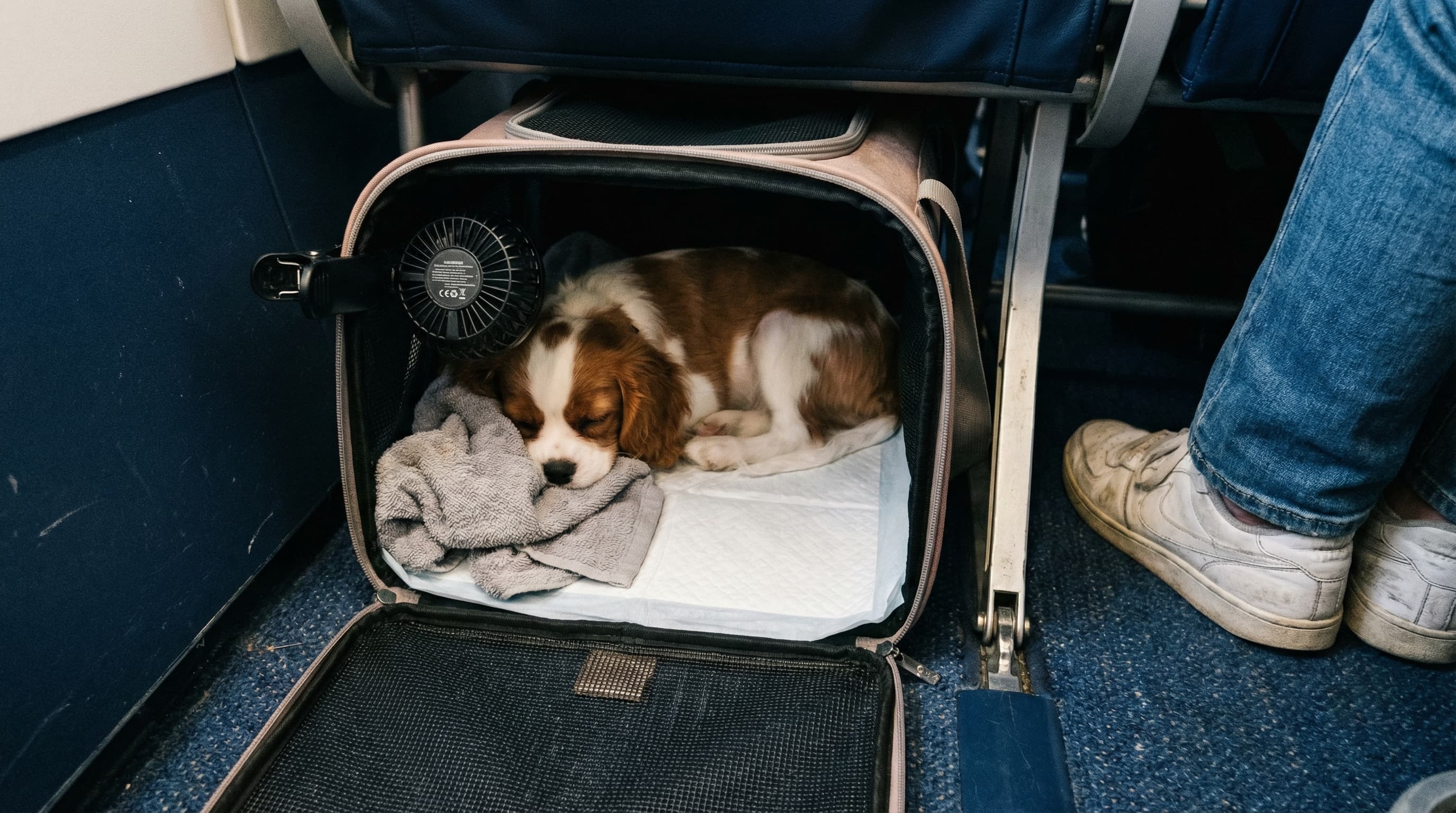 Puppy sleeping peacefully in a soft-sided carrier under an airplane seat with a clip fan attached