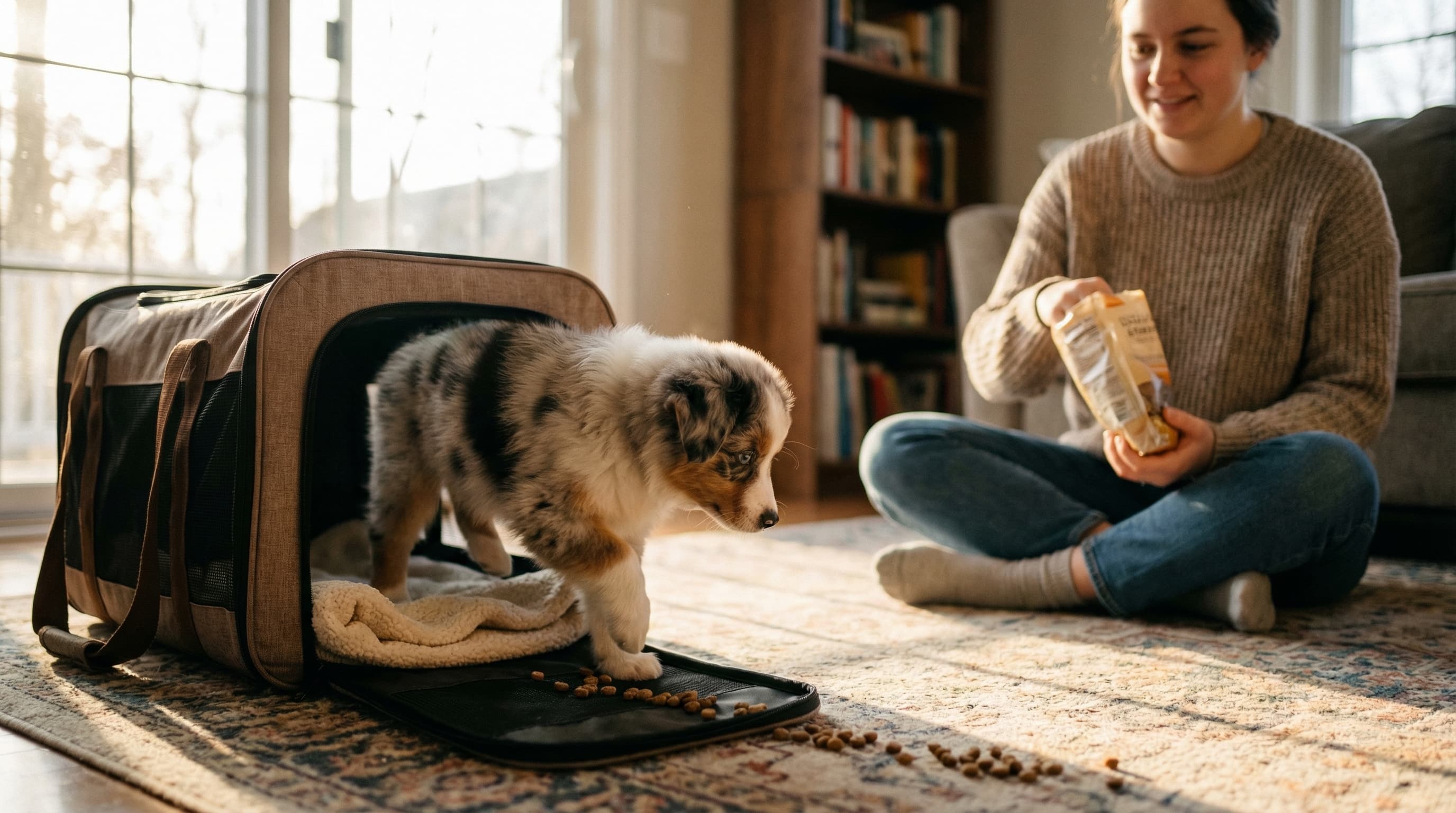 Australian Shepherd puppy following a trail of treats into an open soft-sided carrier on a living room rug