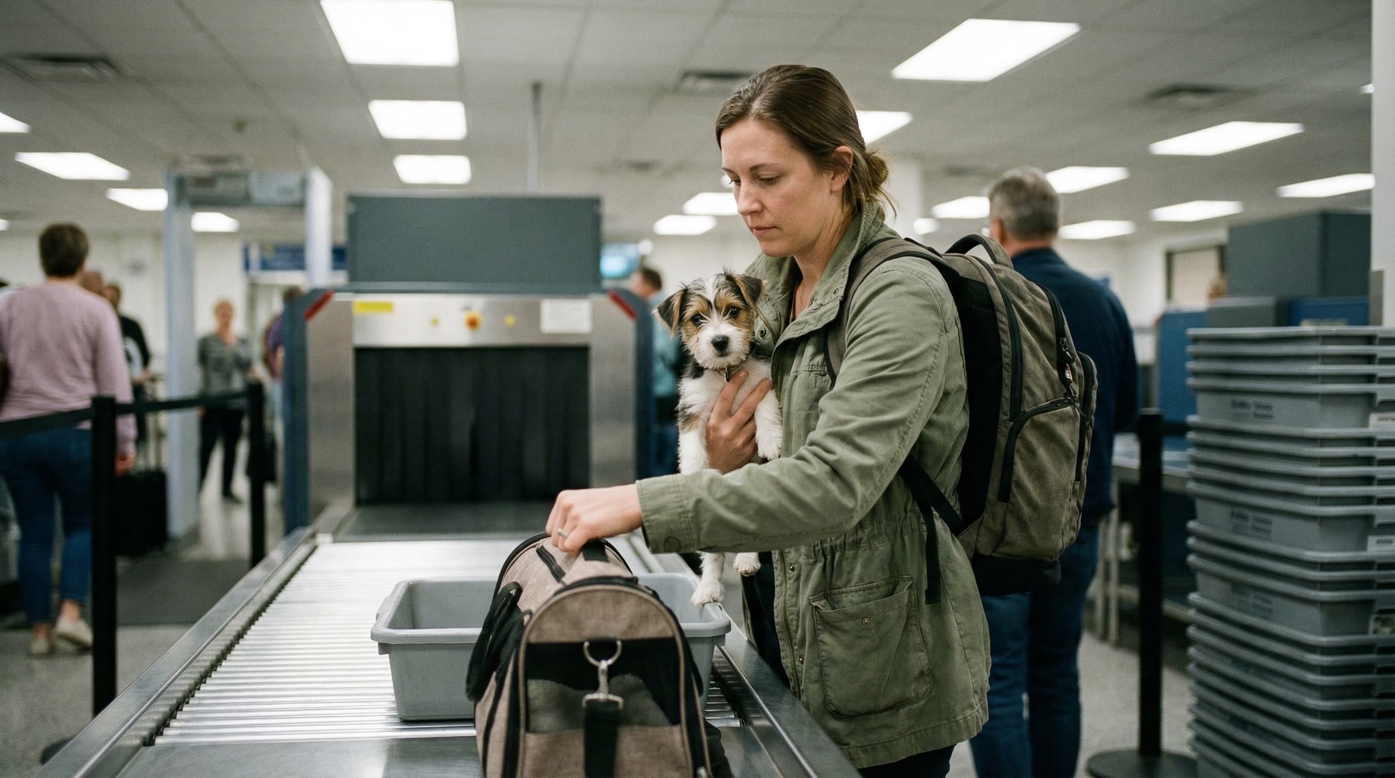 Woman holding a small puppy at airport TSA security checkpoint while collecting belongings
