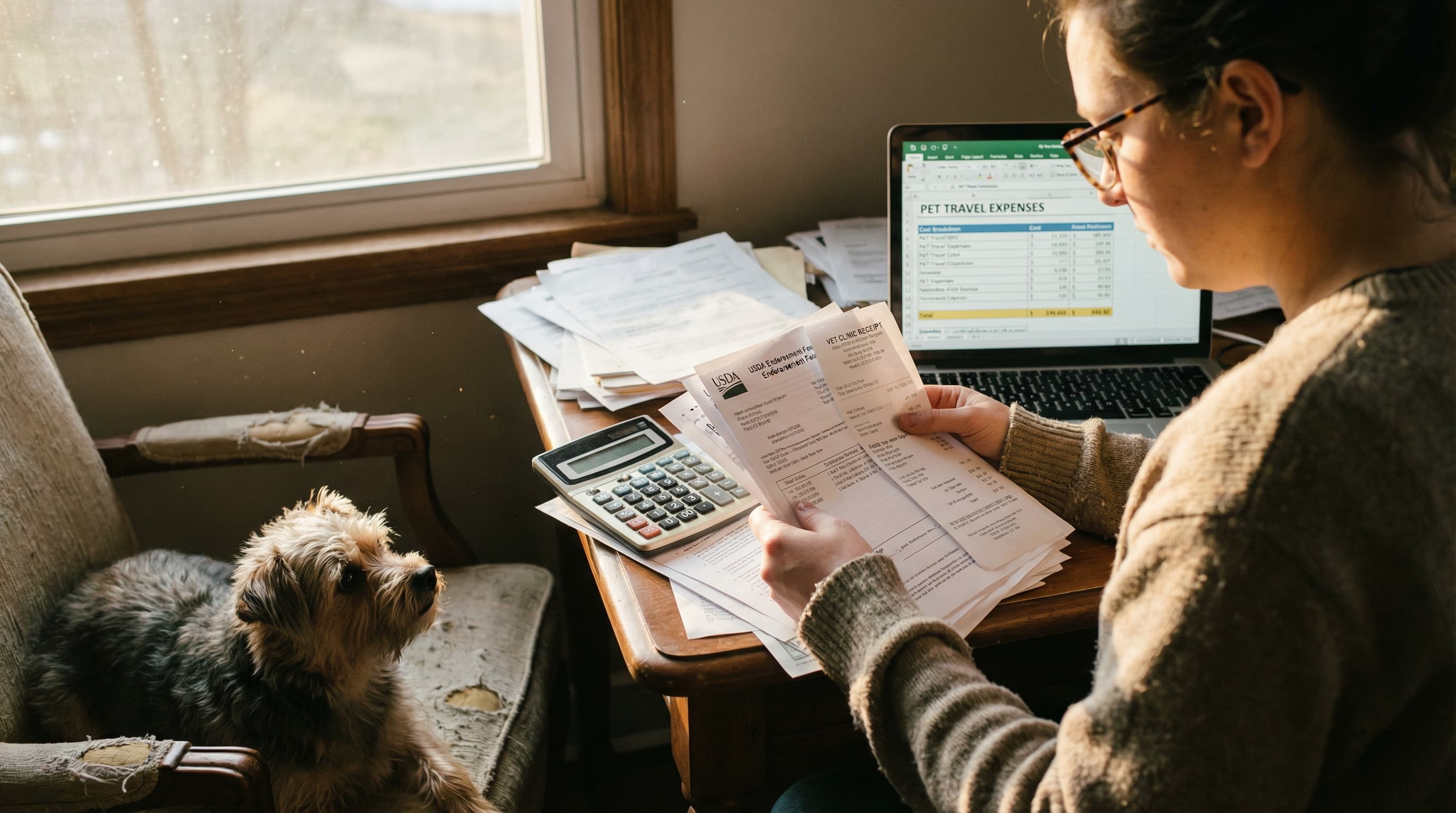 Person reviewing vet clinic receipts and USDA endorsement fee printouts at a desk with a calculator, small terrier beside them