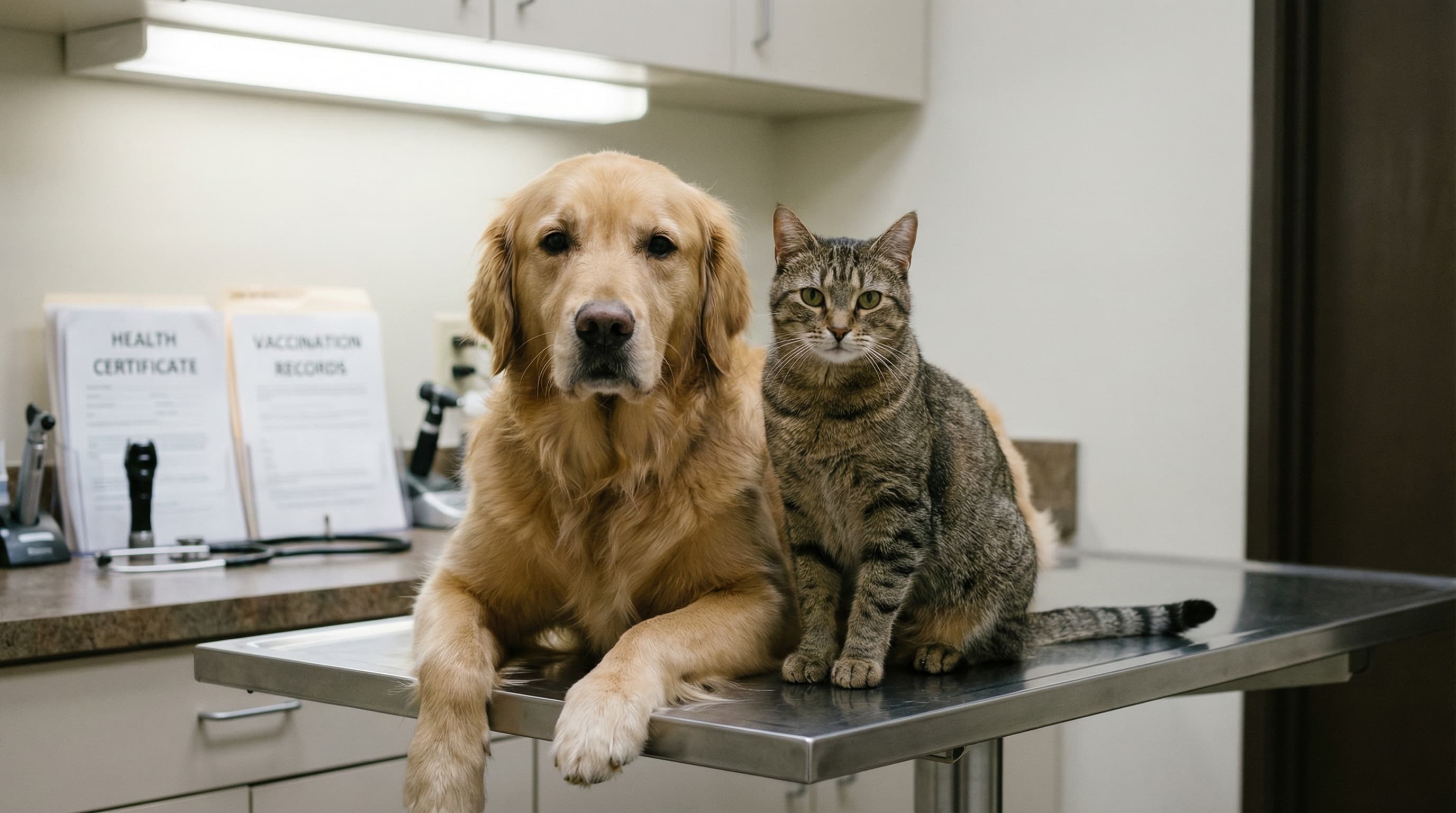 Golden retriever and tabby cat sitting side by side on a vet exam table, health certificate form and vaccination records on the counter behind them