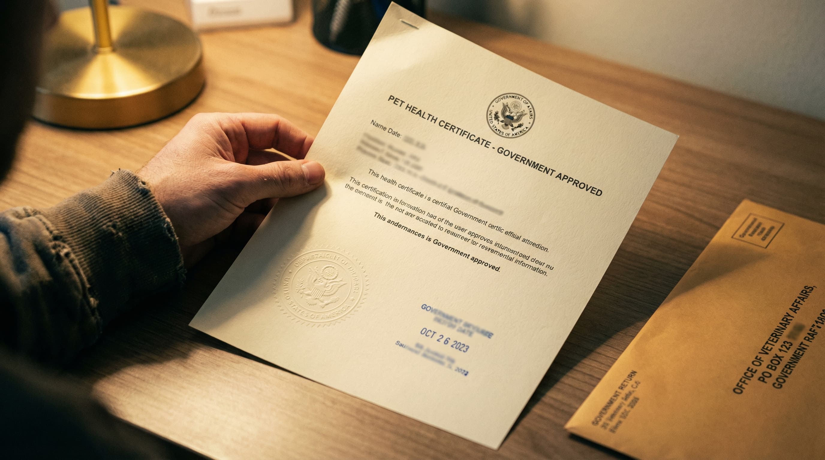 Person unfolding a USDA-endorsed pet health certificate with embossed seal, government return envelope beside it on the desk