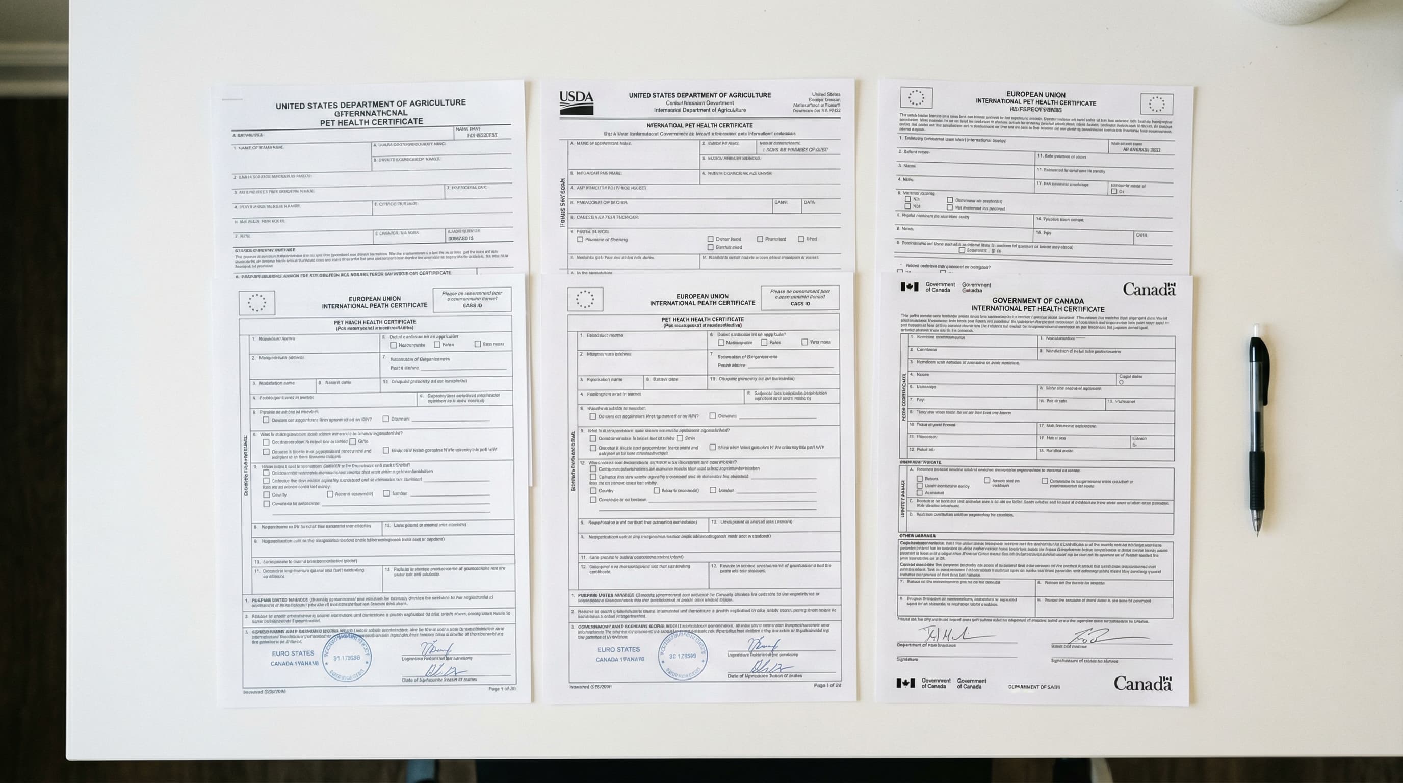 Close-up of four different international pet health certificate forms side by side on a desk — APHIS 7001, EU Annex IV, MAFF Japan form, and UK Great Britain certificate