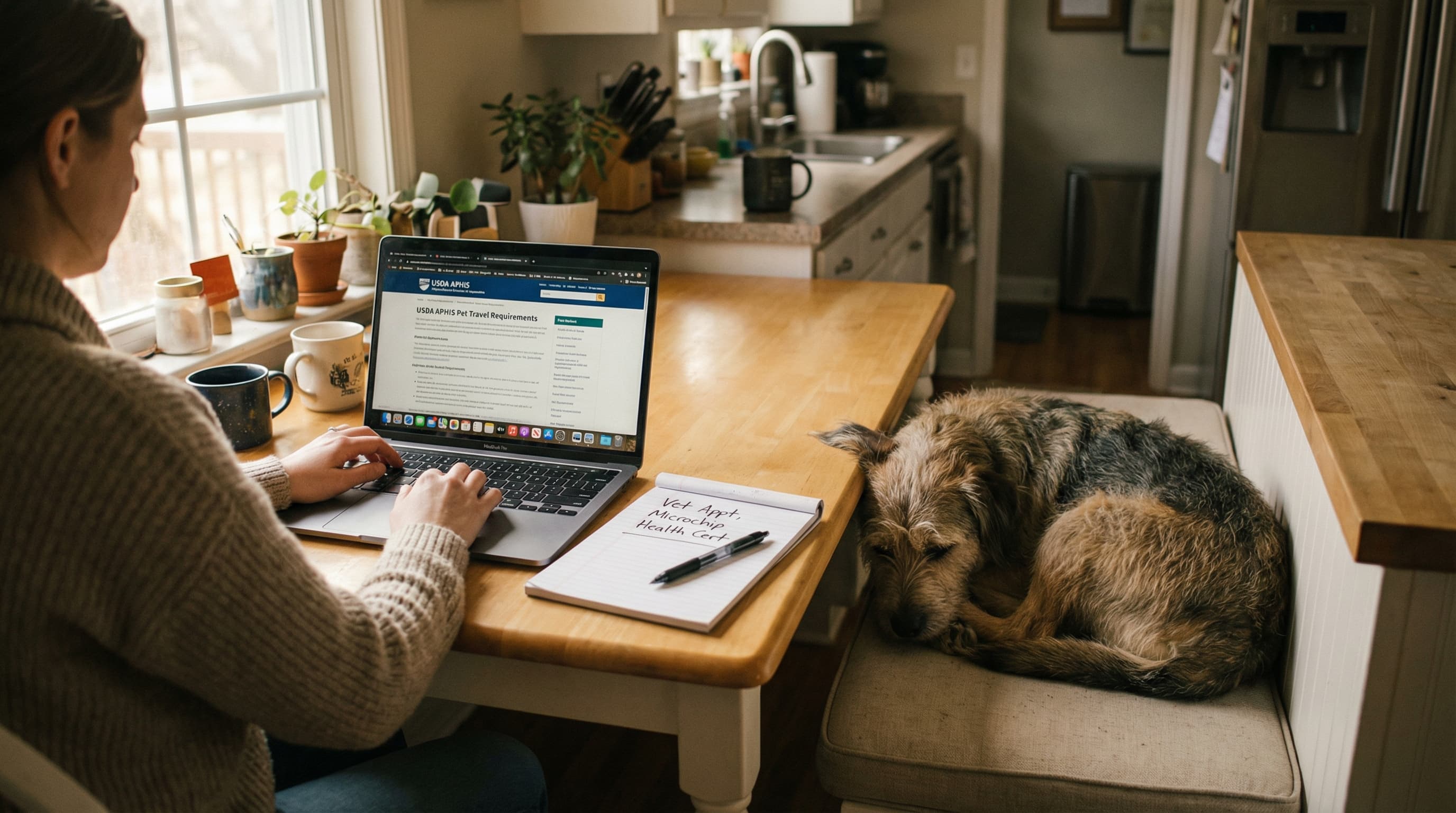 Dog owner researching pet health certificate requirements on a laptop with a mixed-breed dog beside them at the kitchen table
