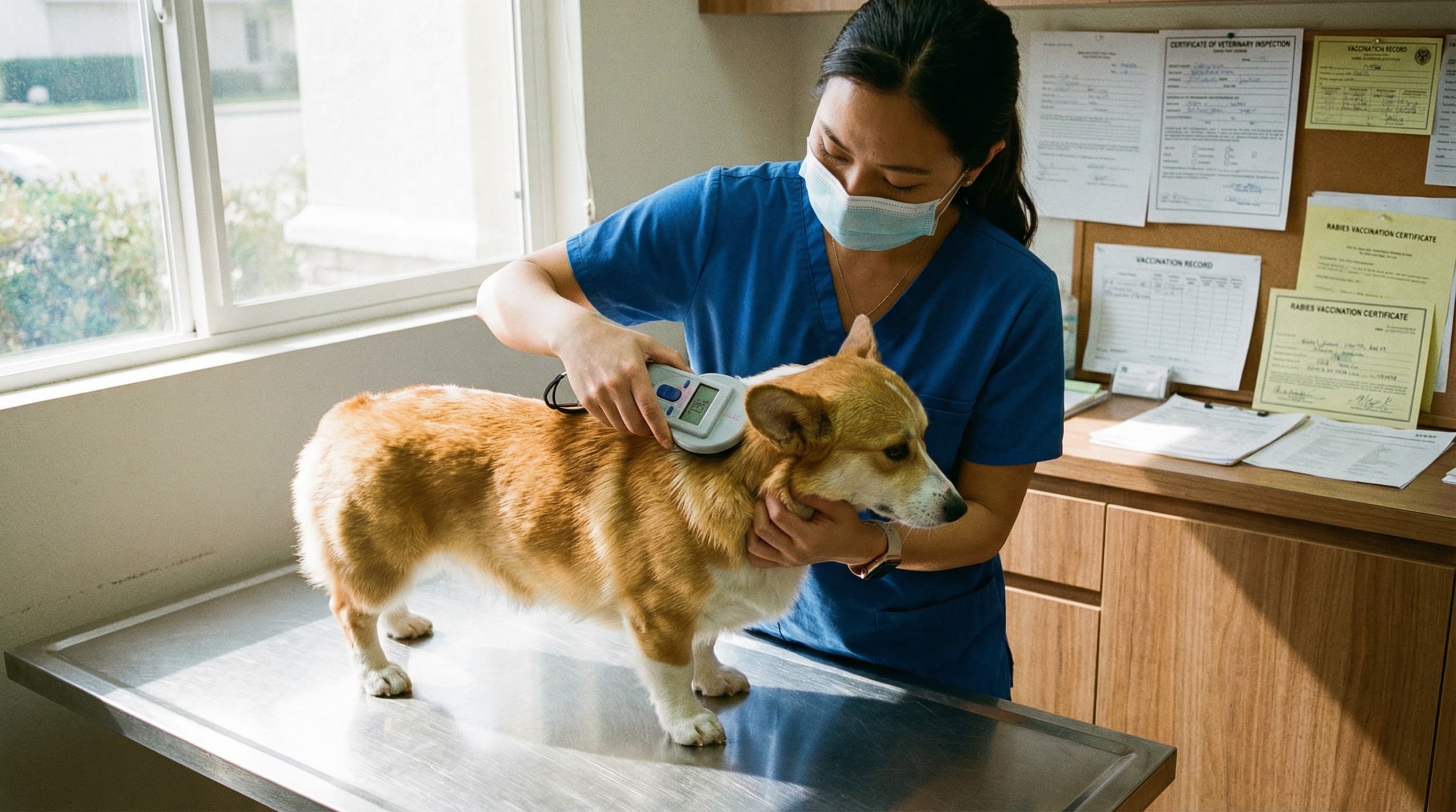 USDA-accredited vet scanning a corgi's ISO microchip on an exam table, health certificate form visible on the counter