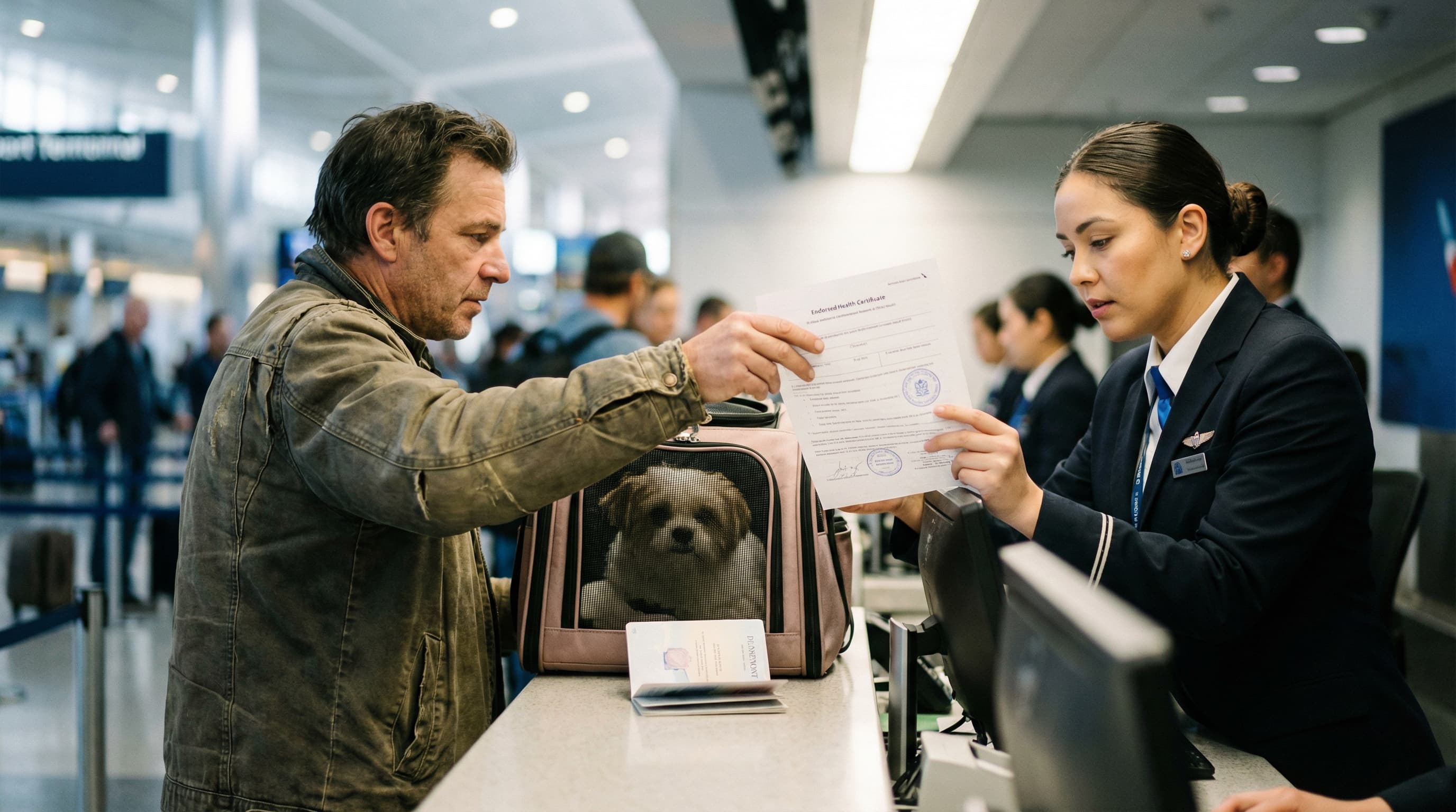 Traveler handing endorsed health certificate to airline agent at check-in counter, small dog in carrier on the counter