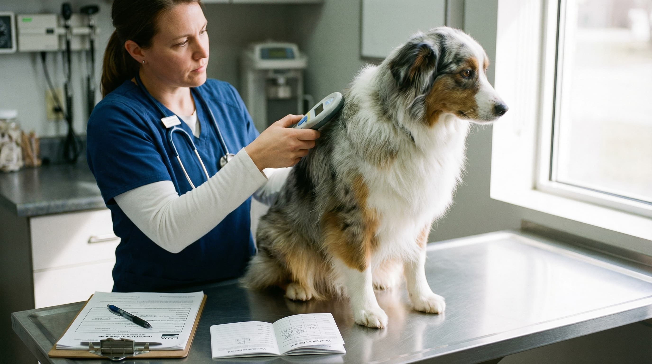 Veterinarian scanning an Australian Shepherd's microchip on an exam table, health certificate form and vaccine record on the counter
