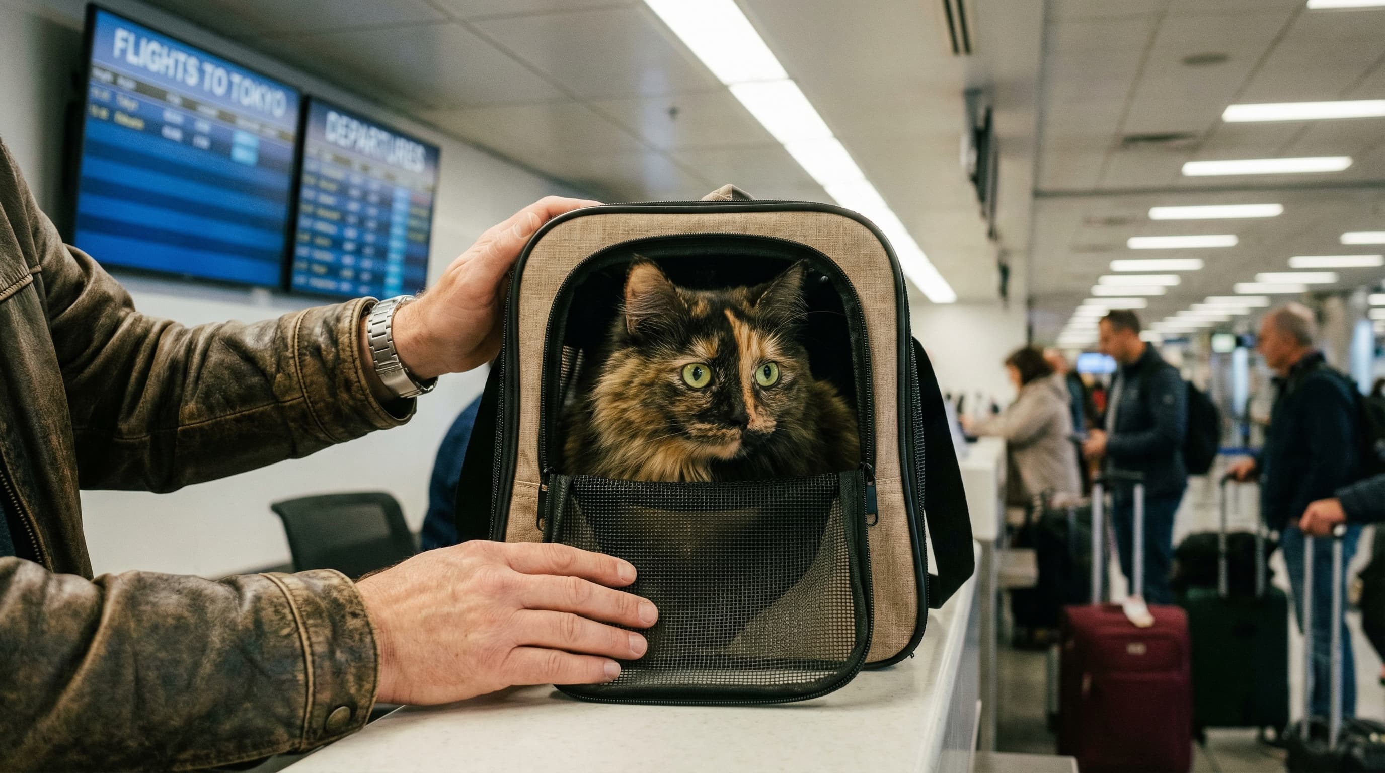 Tortoiseshell cat peering through mesh window of soft-sided carrier on airport check-in counter, owner's hands resting beside it