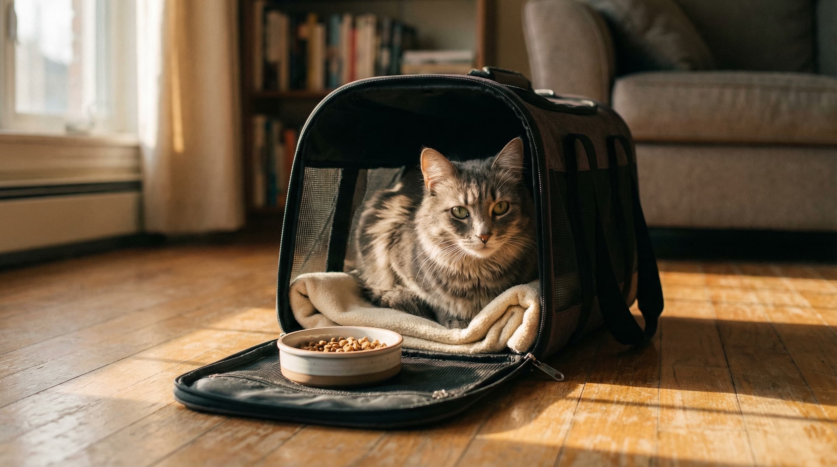 Grey tabby cat settled inside open soft-sided travel carrier on living room floor with food bowl placed at entrance