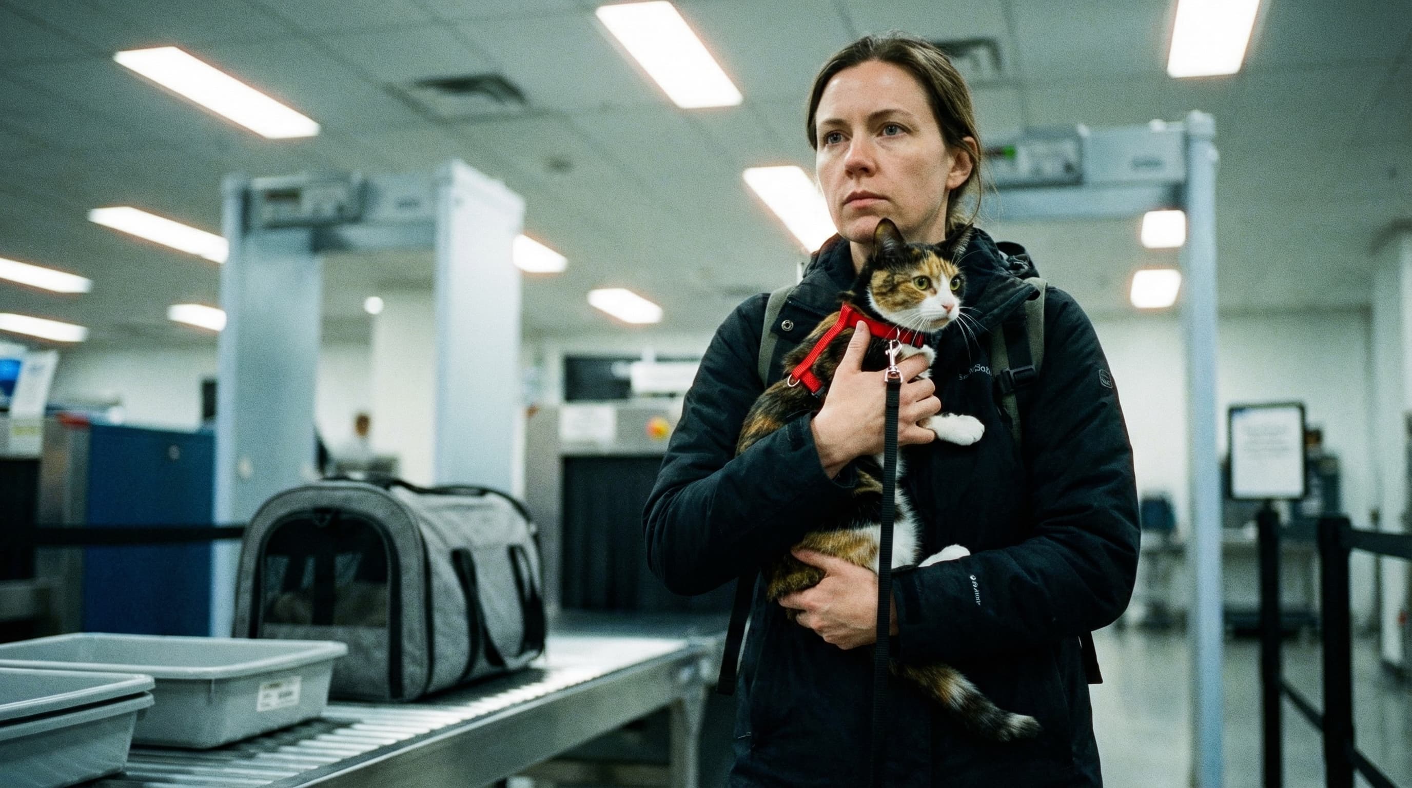 Woman holding calico cat in red harness and leash at TSA security checkpoint, empty carrier moving along conveyor belt behind her