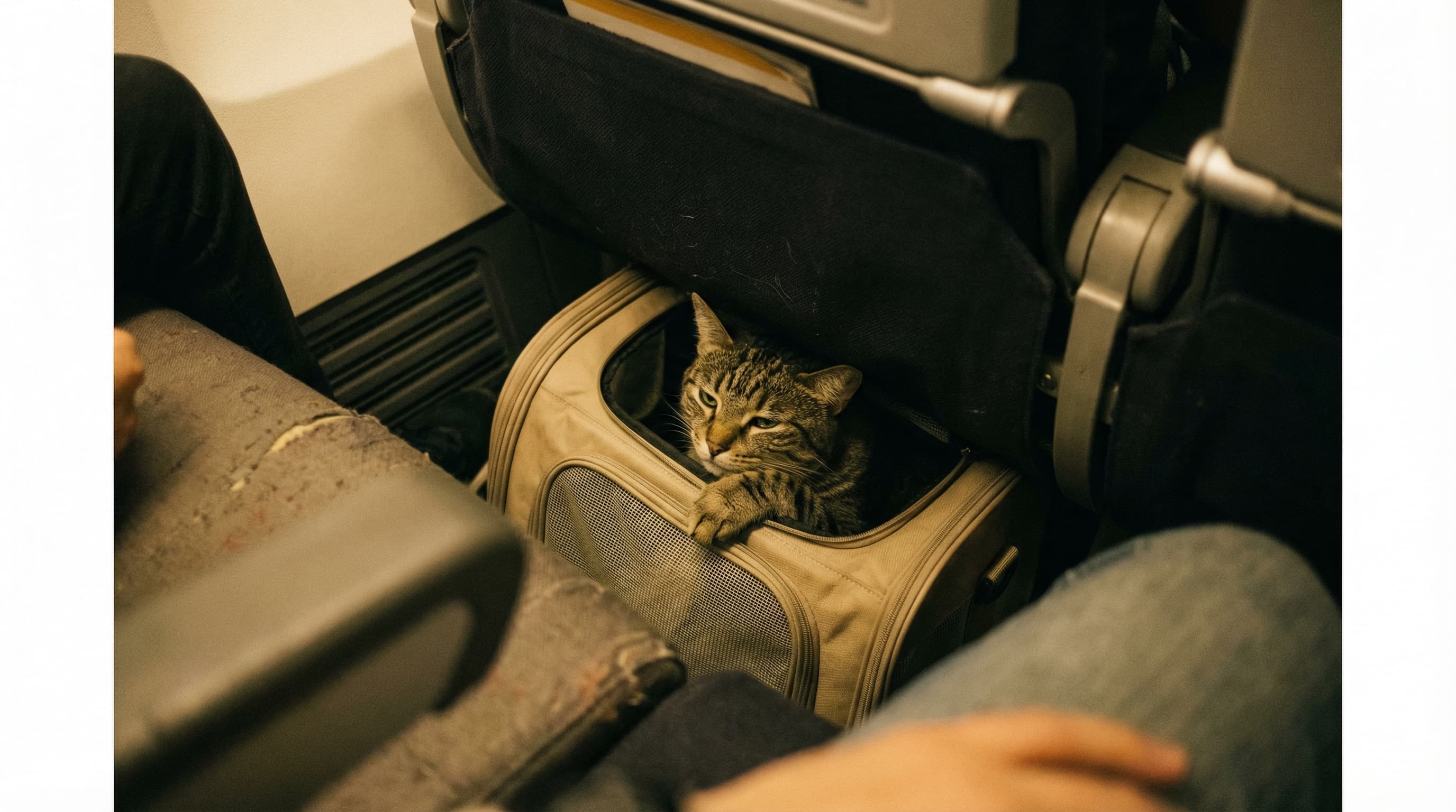Tabby cat resting with eyes half-closed inside soft-sided carrier tucked under airplane seat, paw near mesh opening