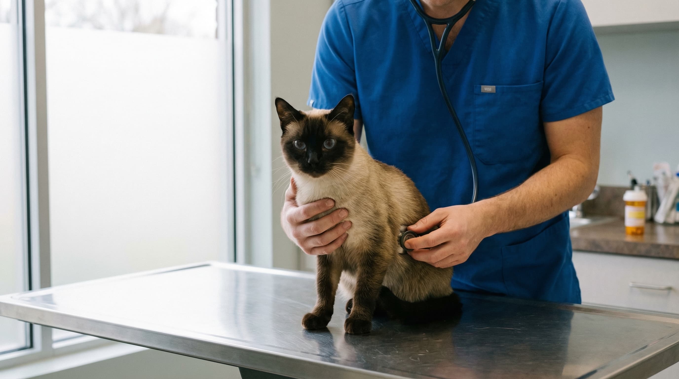 Veterinarian in blue scrubs examining Siamese cat with stethoscope on examination table, natural light from frosted window