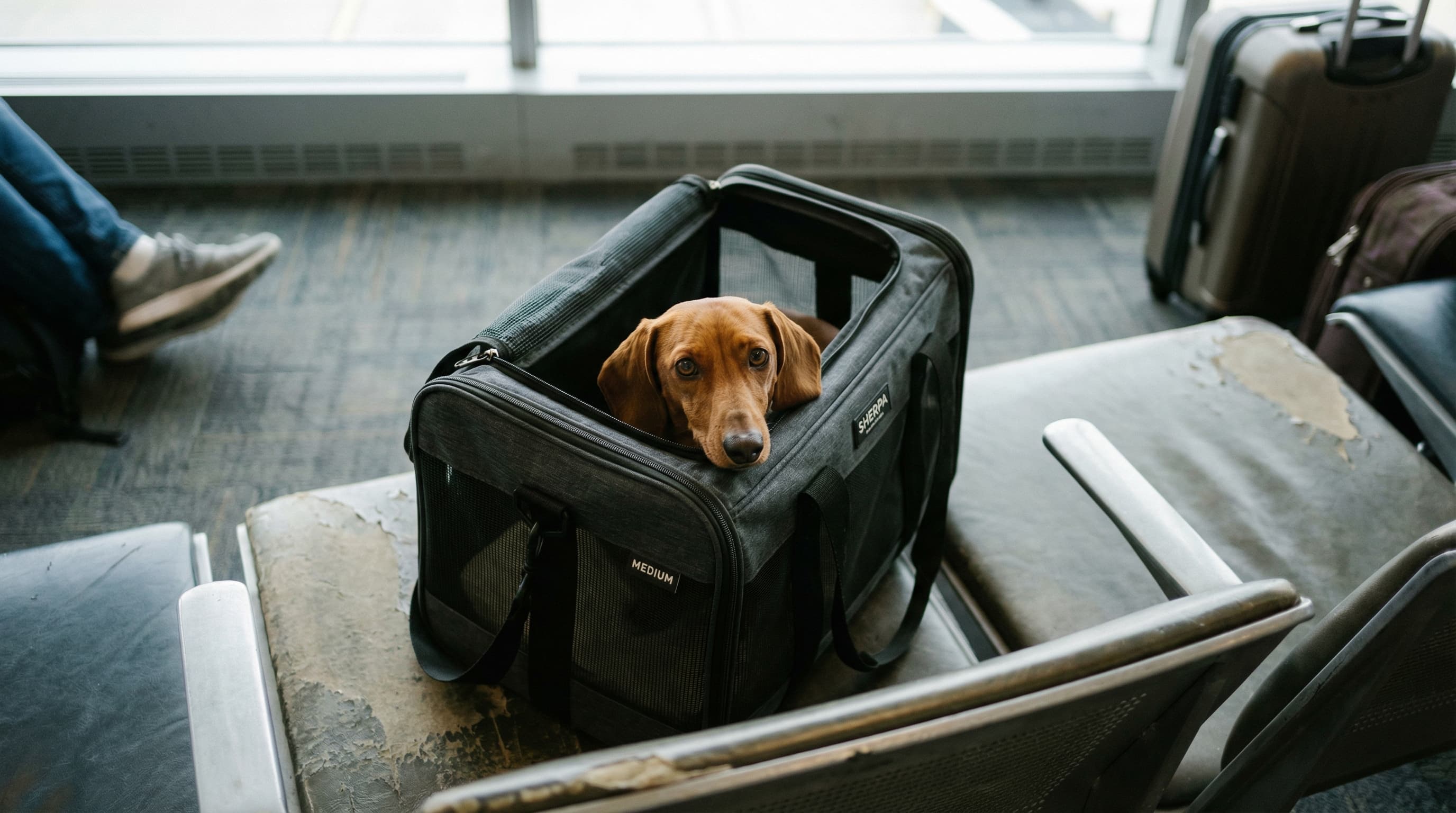 Dachshund tucked snugly in an open soft-sided travel carrier on an airport seat
