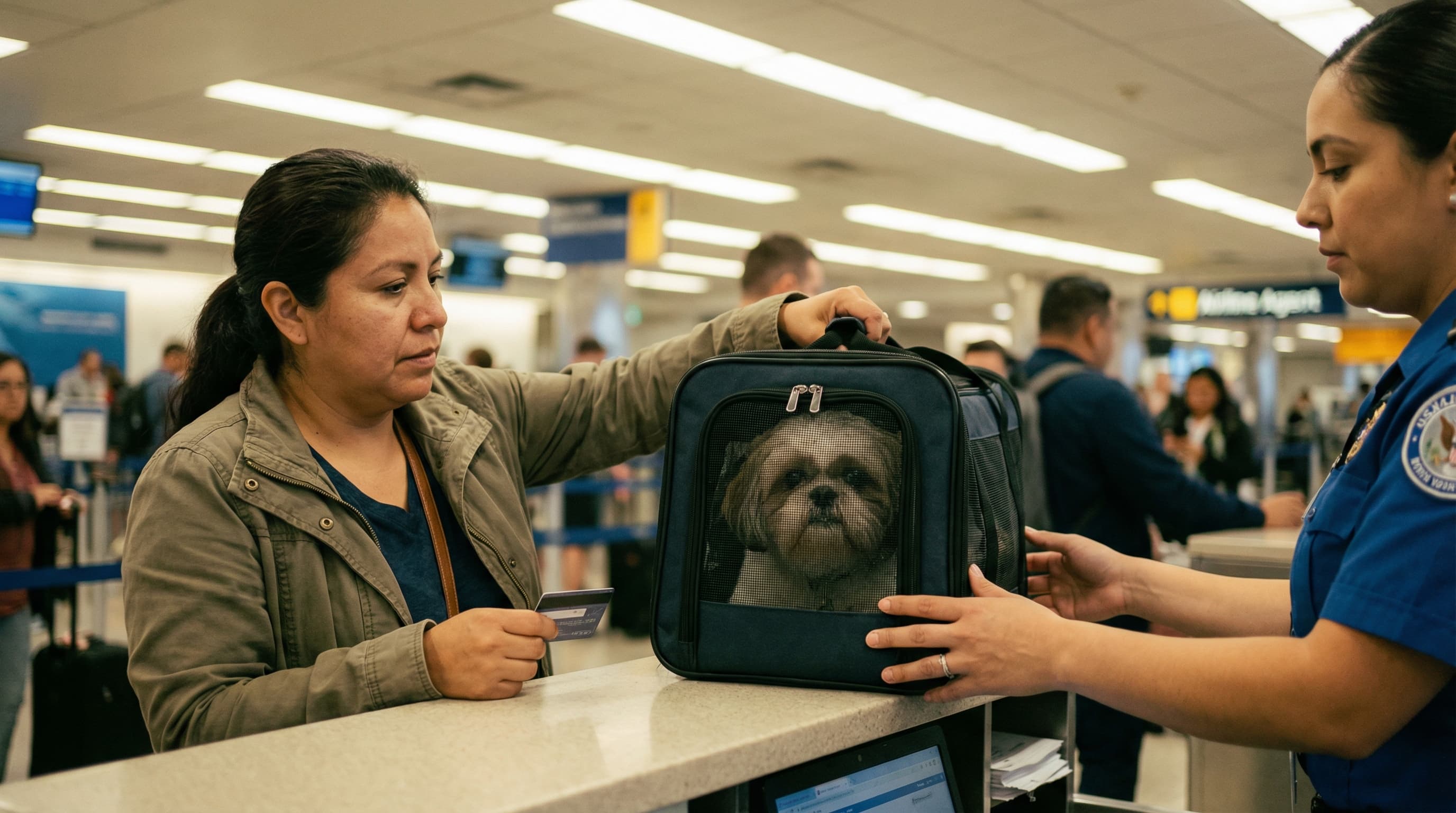 Traveler sliding soft-sided pet carrier across airline check-in counter with Shih Tzu inside