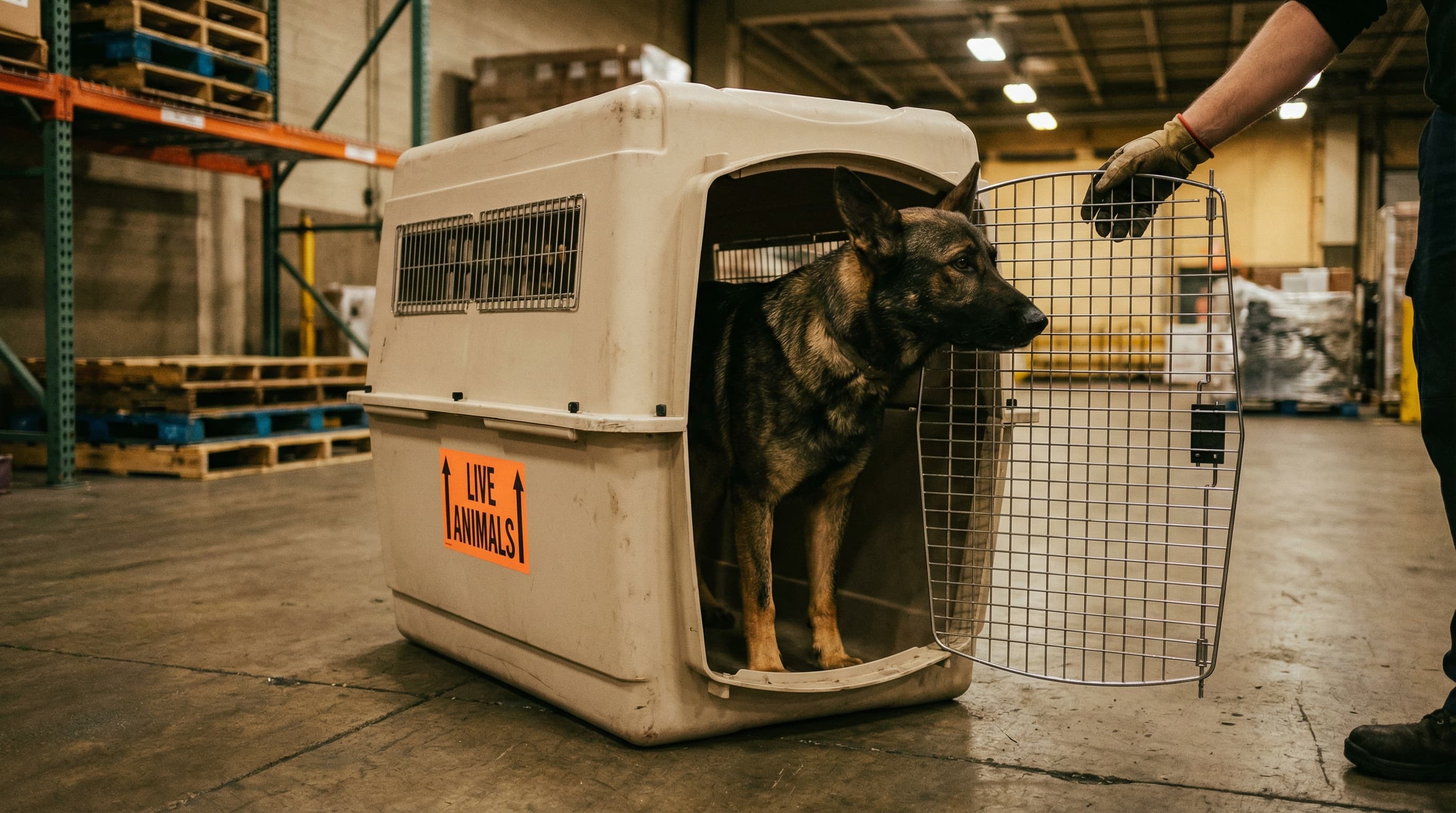 Large German Shepherd standing calmly inside an open hard-sided airline crate with LIVE ANIMALS sticker visible
