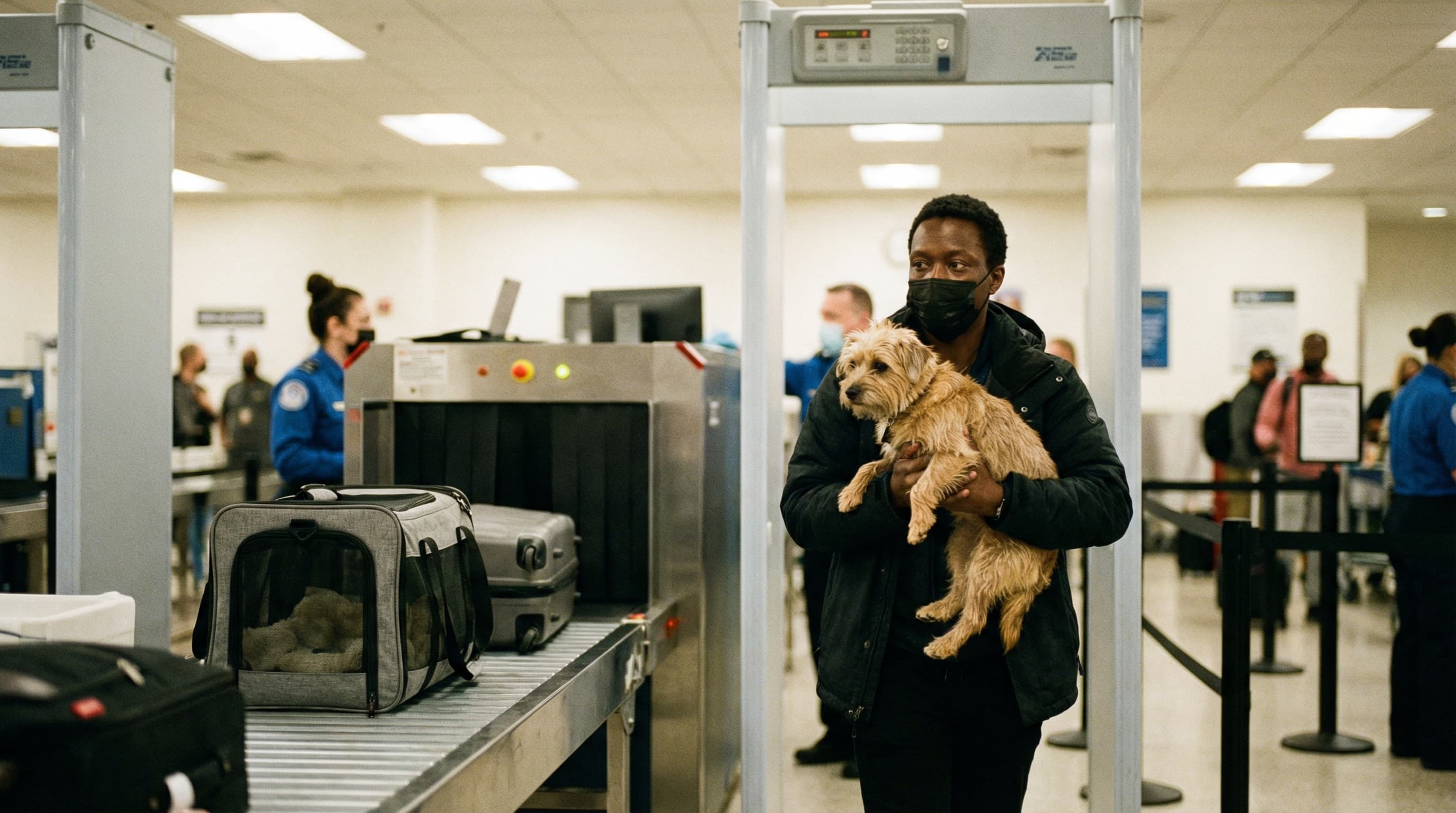 Traveler carrying a small terrier through TSA security metal detector, soft-sided carrier on X-ray belt behind them