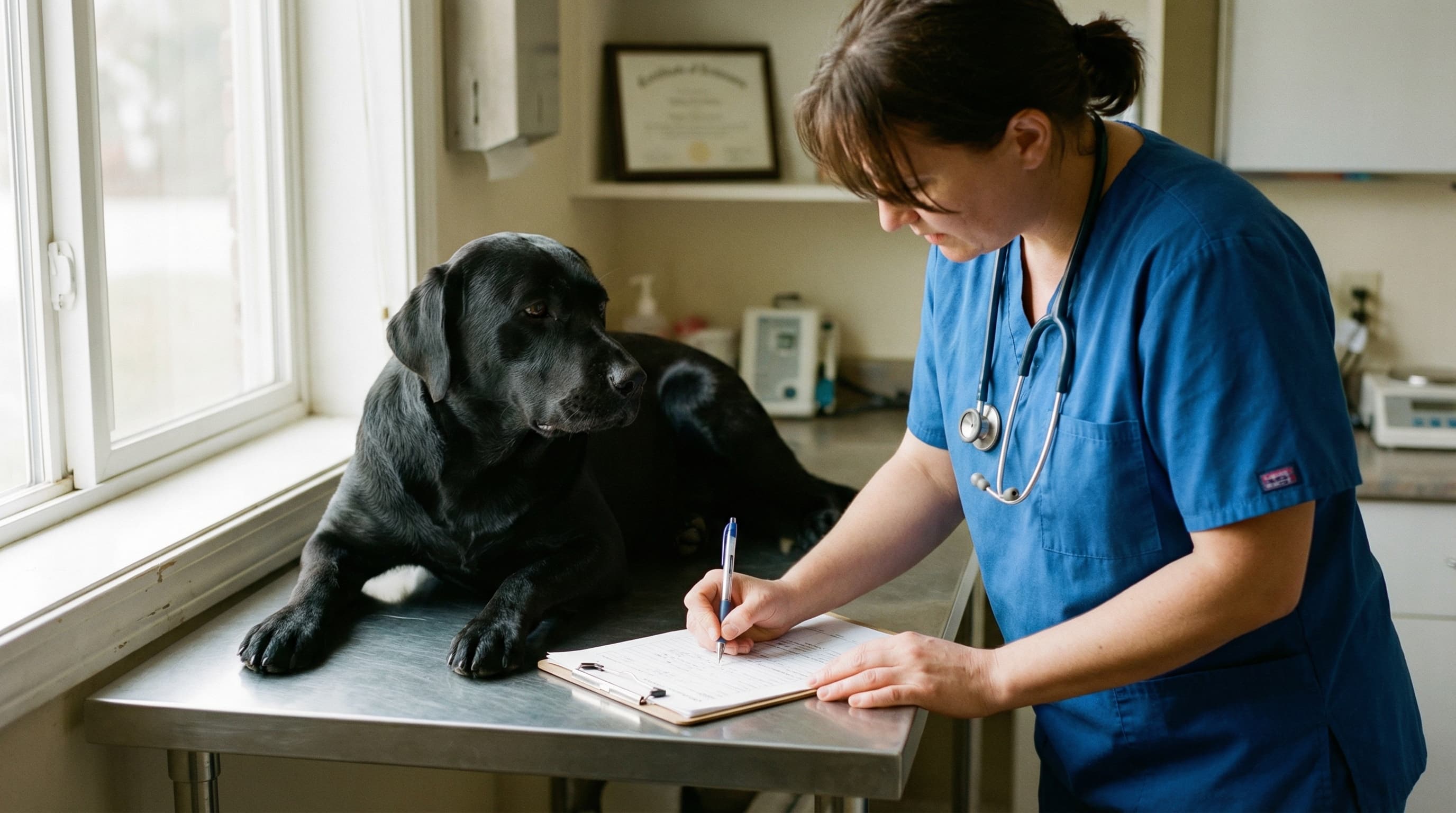Veterinarian writing a health certificate for a black Labrador on examination table