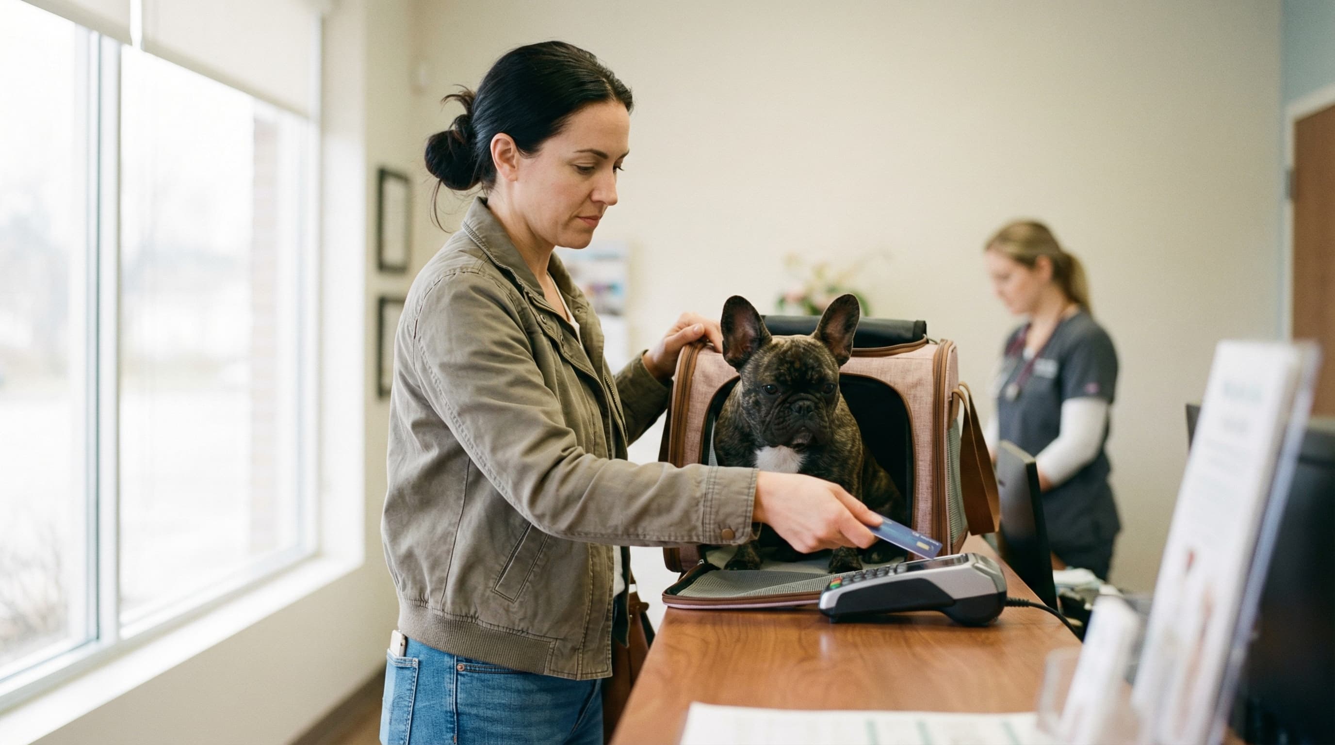 Pet owner paying at vet reception desk, French Bulldog in soft-sided travel carrier on the counter