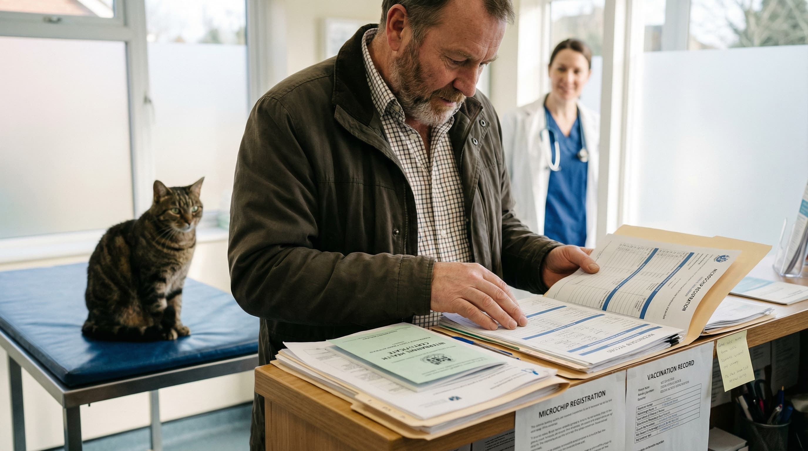 Pet owner spreading travel documents on a vet desk — health certificate, vaccination record, and microchip registration — tabby cat sitting on the exam table beside him